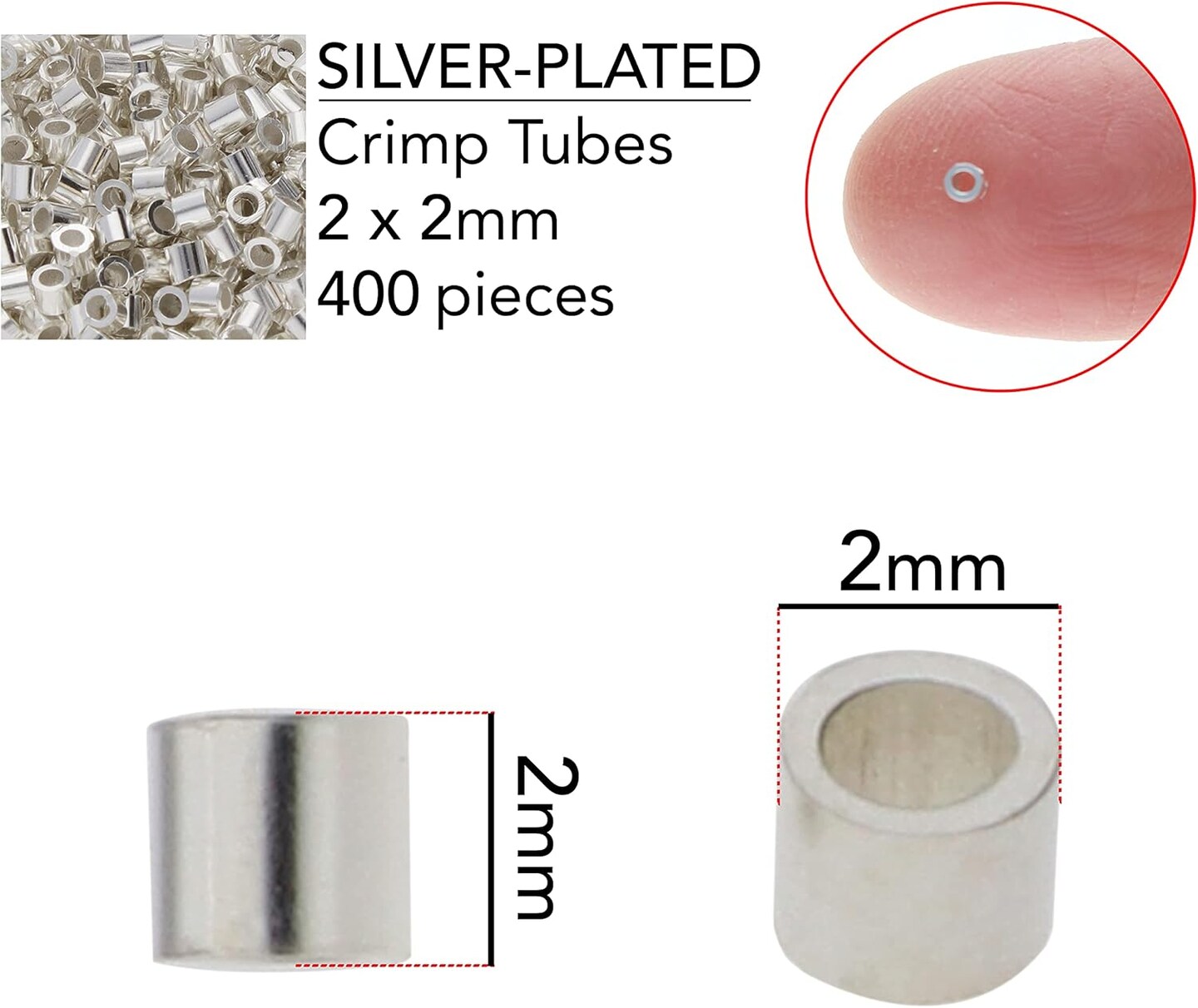 The Beadsmith Tube Crimp Beads, 2 x 2mm, 400 Pieces, Silver Color, Uniform Cylindrical Shape, No Sharp Edges, Designed to Secure The Ends of Jewelry Stringing Wires and Cables