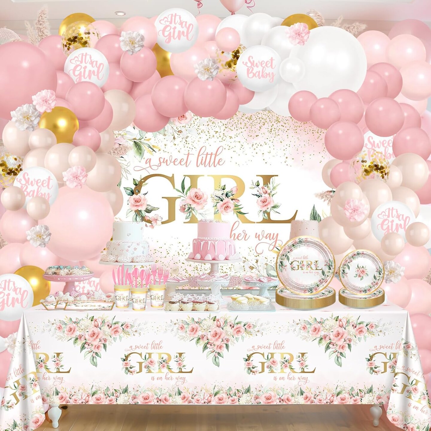 Baby Shower Decorations for Girl 278 Pcs Pink Floral (Rose Gold)