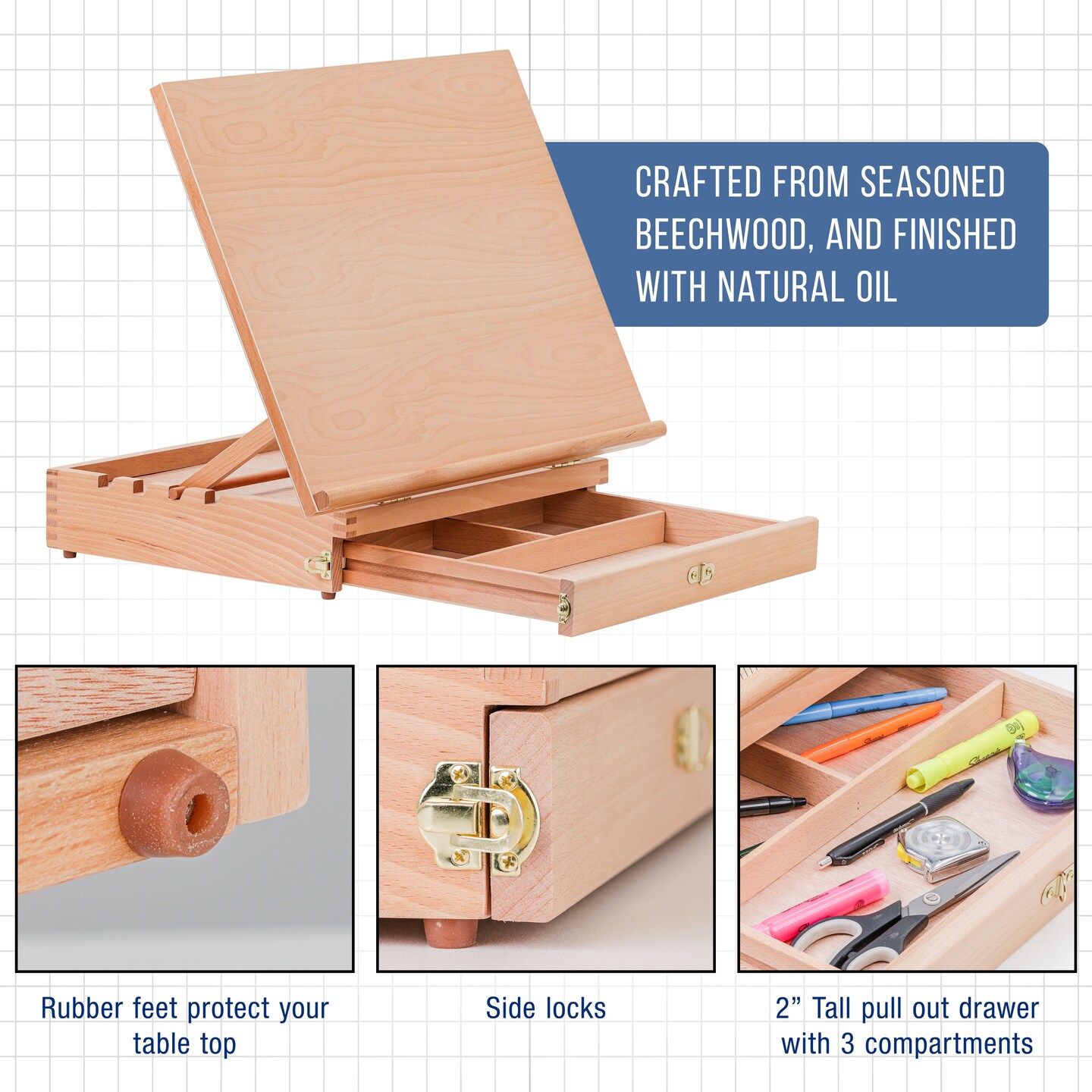 Large 20-1/2" x 16" Wooden Drawing Board, Adjustable Table Top Easel for Painting and Drawing - Drafting Board with T-Square, Pencil Ledge, Locking Storage Drawer