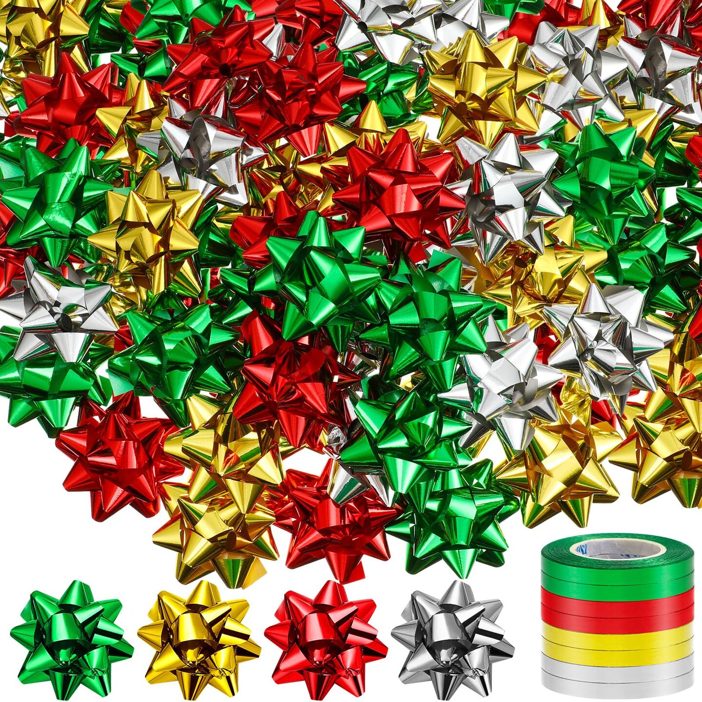 Riceshoot 48 Pcs Christmas Self Adhesive Gift Bows with 8 Rolls Curling Ribbons 3 inch Holiday Wrap Bows Metallic Christmas Bows for Christmas Gift Craft Decoration (Rose Gold, Green, Red, Silver)