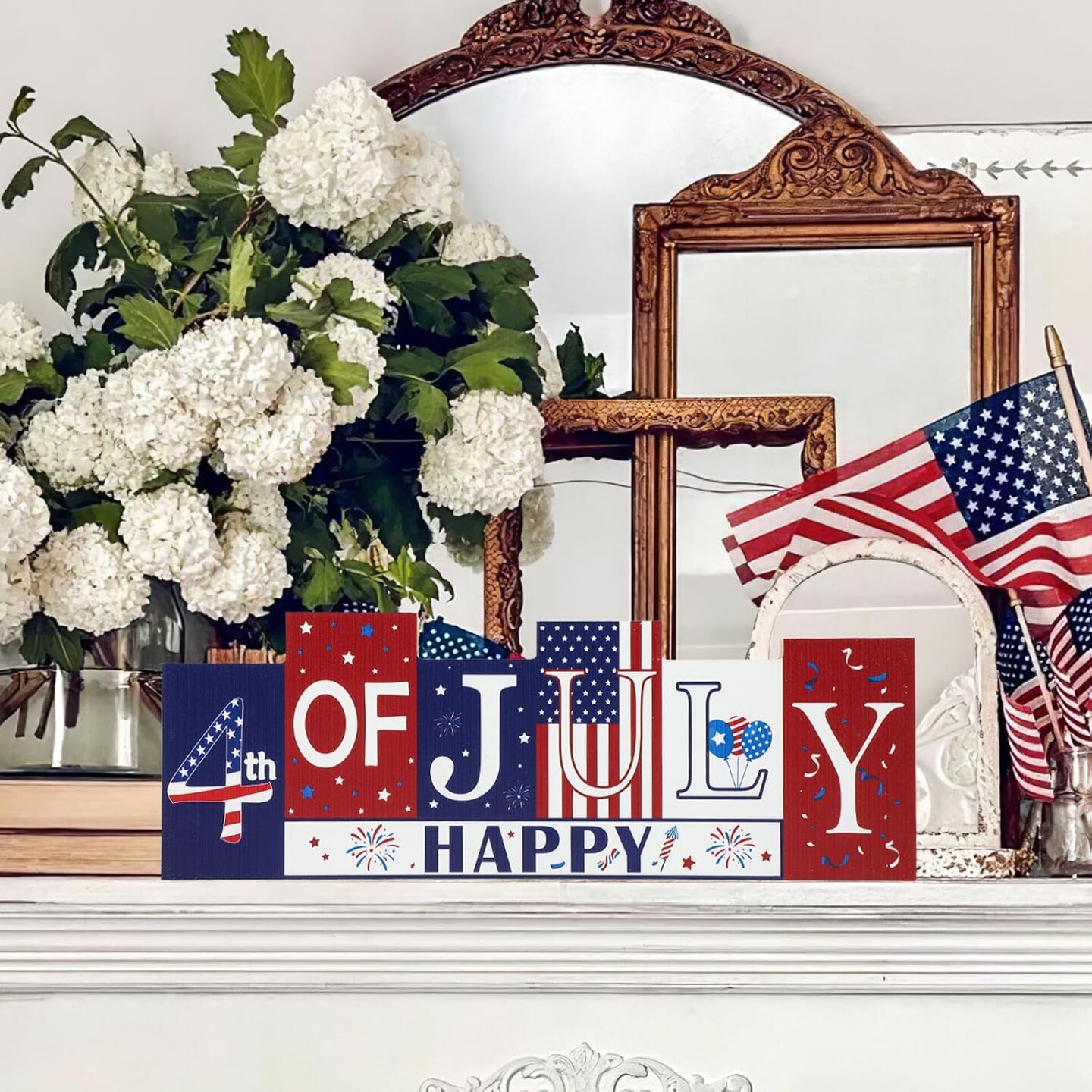 4th of July Decorations Wooden Table Sign Summer Decorations, Patriotic Independence Day Memorial Day Decorations Reversible Double-sided Different Theme Farmhouse Tabletop Centerpiece Decor