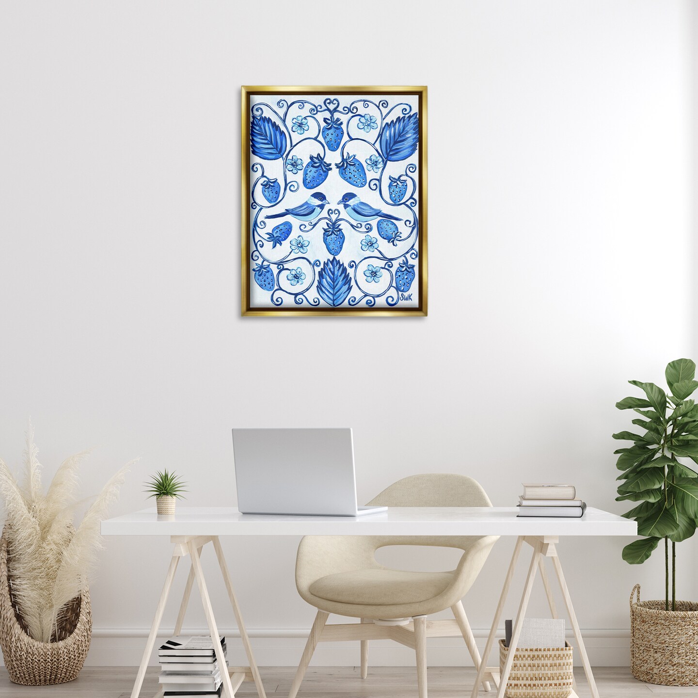 Stupell Industries Strawberry Blue with Birds Floating Frame By Sarah Waldron Kimball