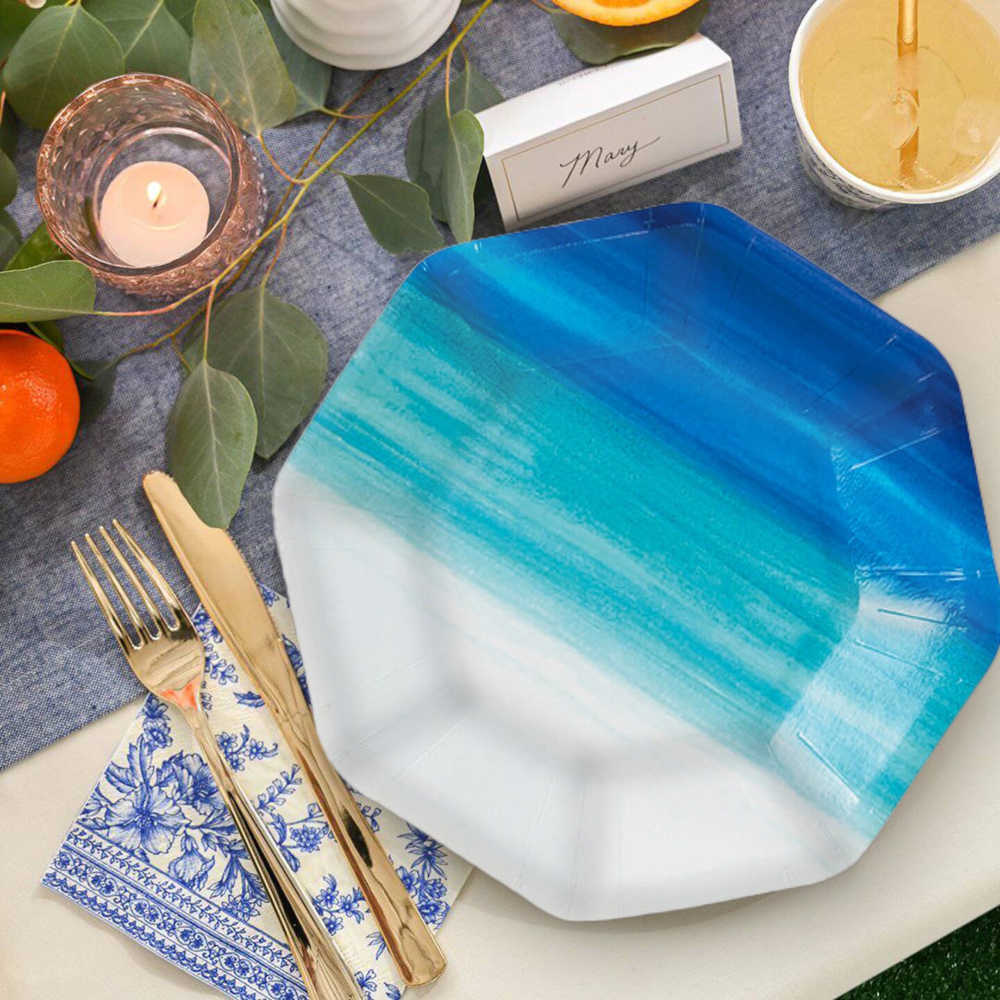 Coastal Seaside Blue and White Octagon Dessert Plates 8 Count Paper Tableware