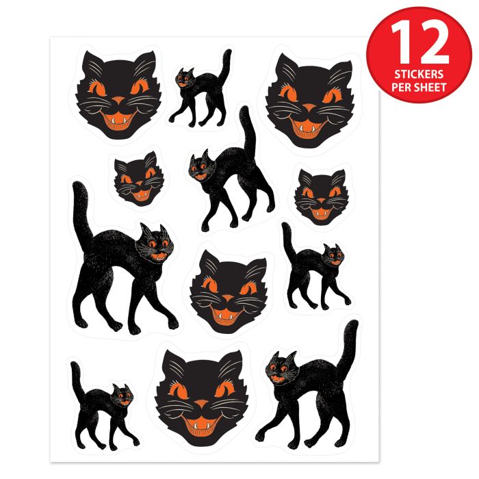 12 Packs Beistle Vintage Halloween Black Cat Stickers 4/Pack