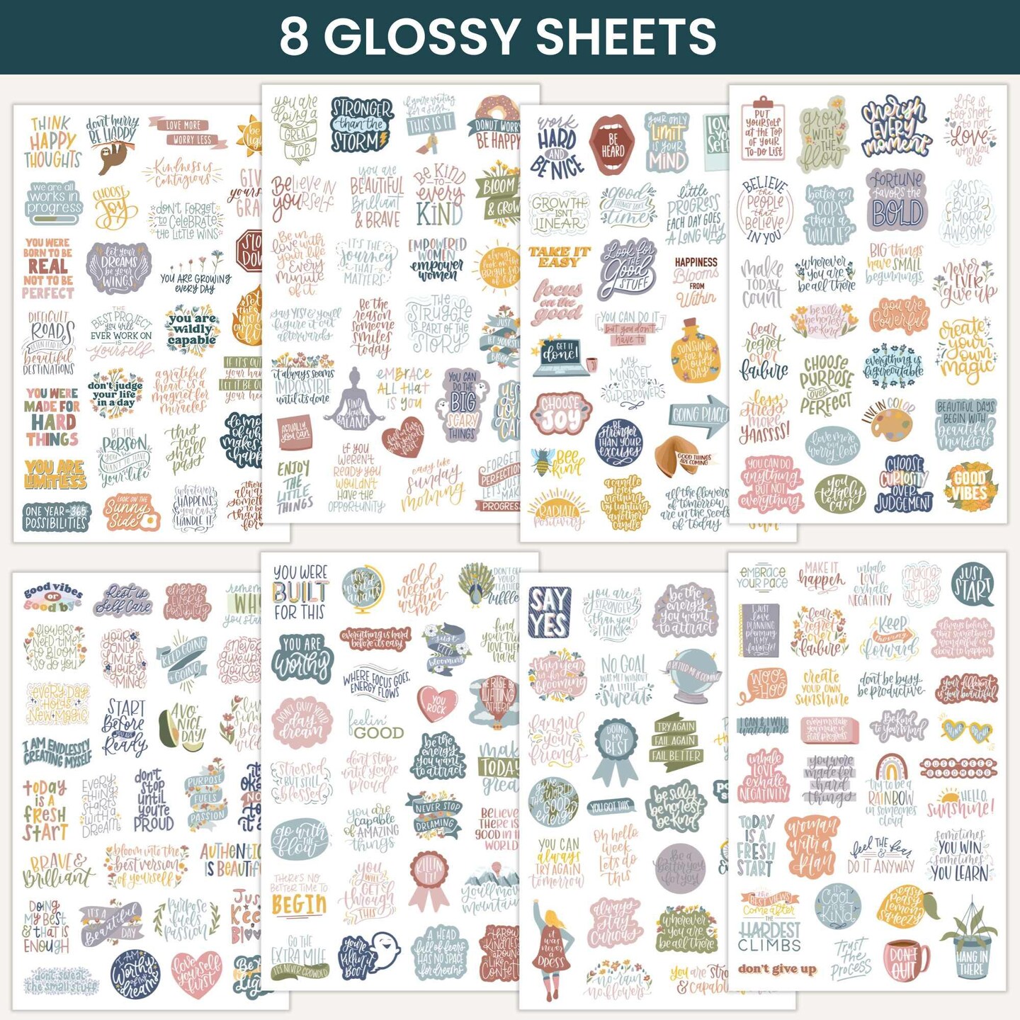 bloom daily planners Inspirational Quote Planner Stickers, 8 Sheets (200+ Stickers) | Cool Tones