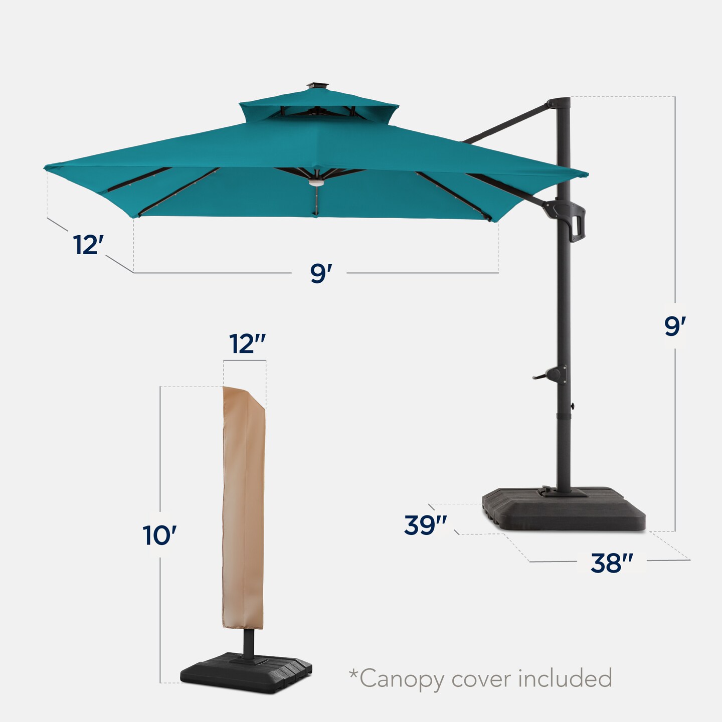 Best Choice Products 9x12ft 2-Tier Square Outdoor Solar LED Cantilever Umbrella w/ 360-Rotating Base –