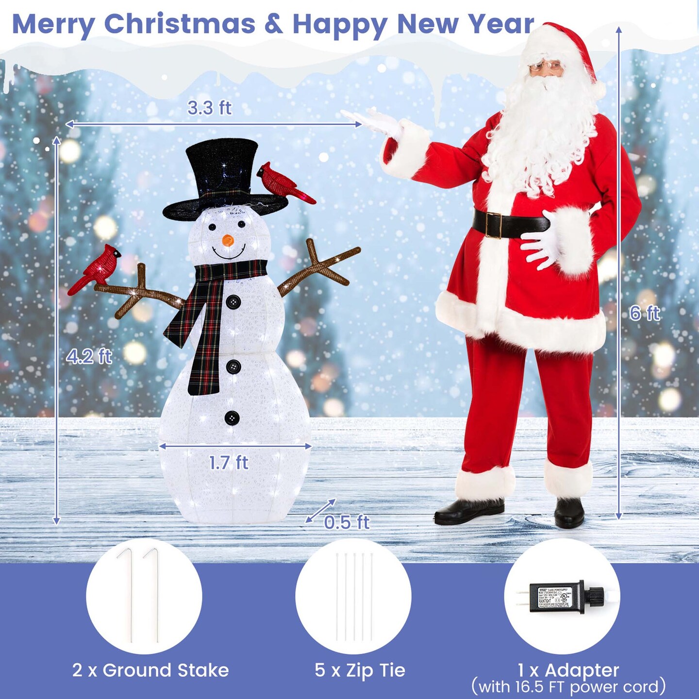 Costway 4.2 FT Pre-Lit Snowman & Redbirds Christmas Decoration with LED Lights Holiday