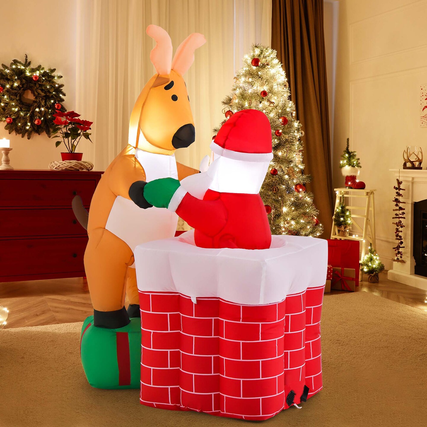 Costway 5 FT Christmas Inflatable Liftable Santa Claus Climbing Chimney Reindeer on Gift