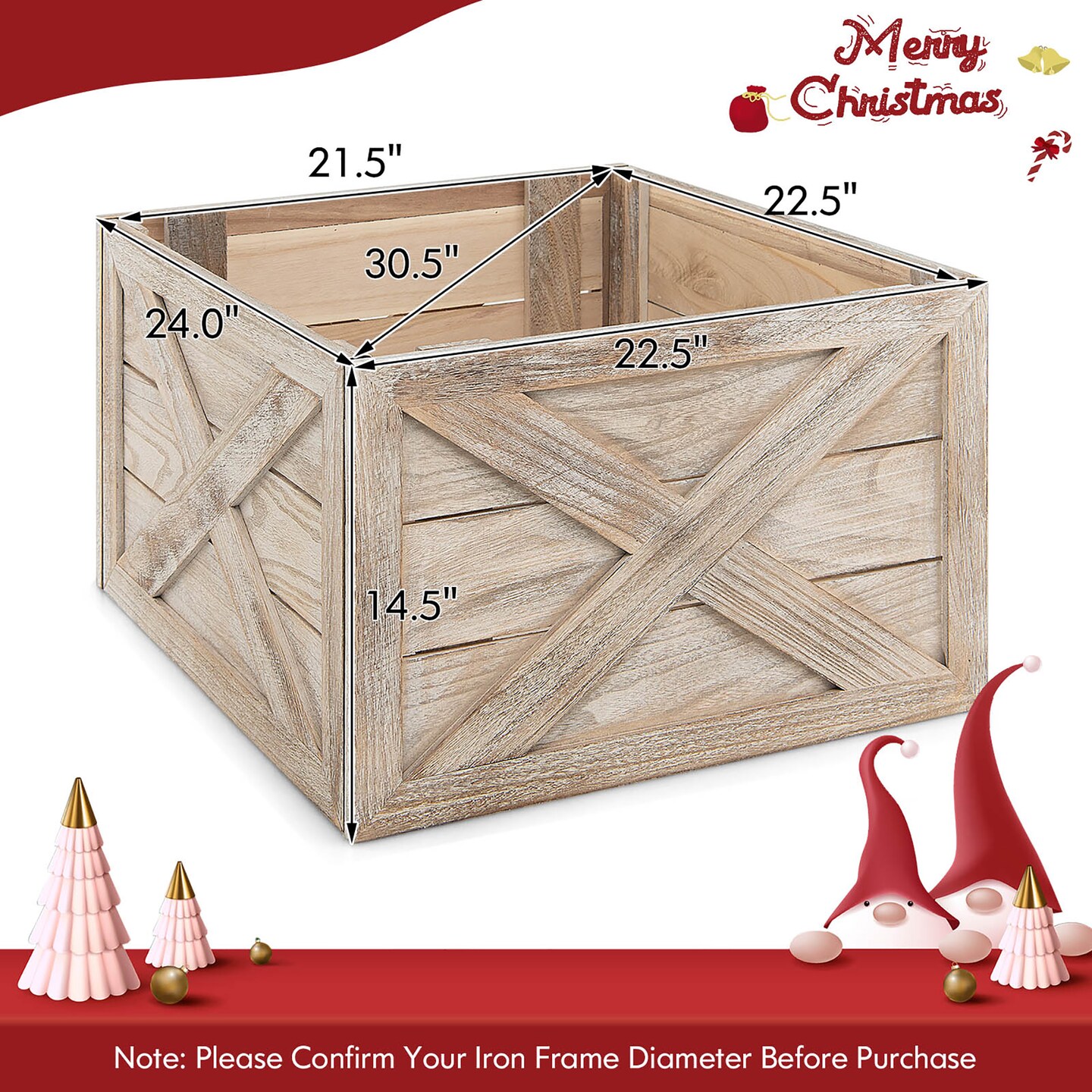 Costway Wooden Tree Collar Box Farmhouse Christmas Tree Skirt Cover 30.5 x 22.5 in Grey\Brown