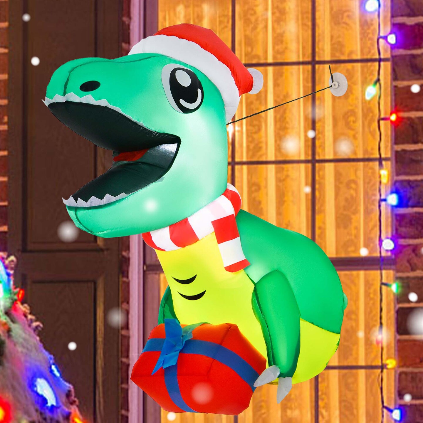 Costway 3.3&#x27; Christmas Inflatable Dinosaur Broke Out from Window Hanging Window Dinosaur