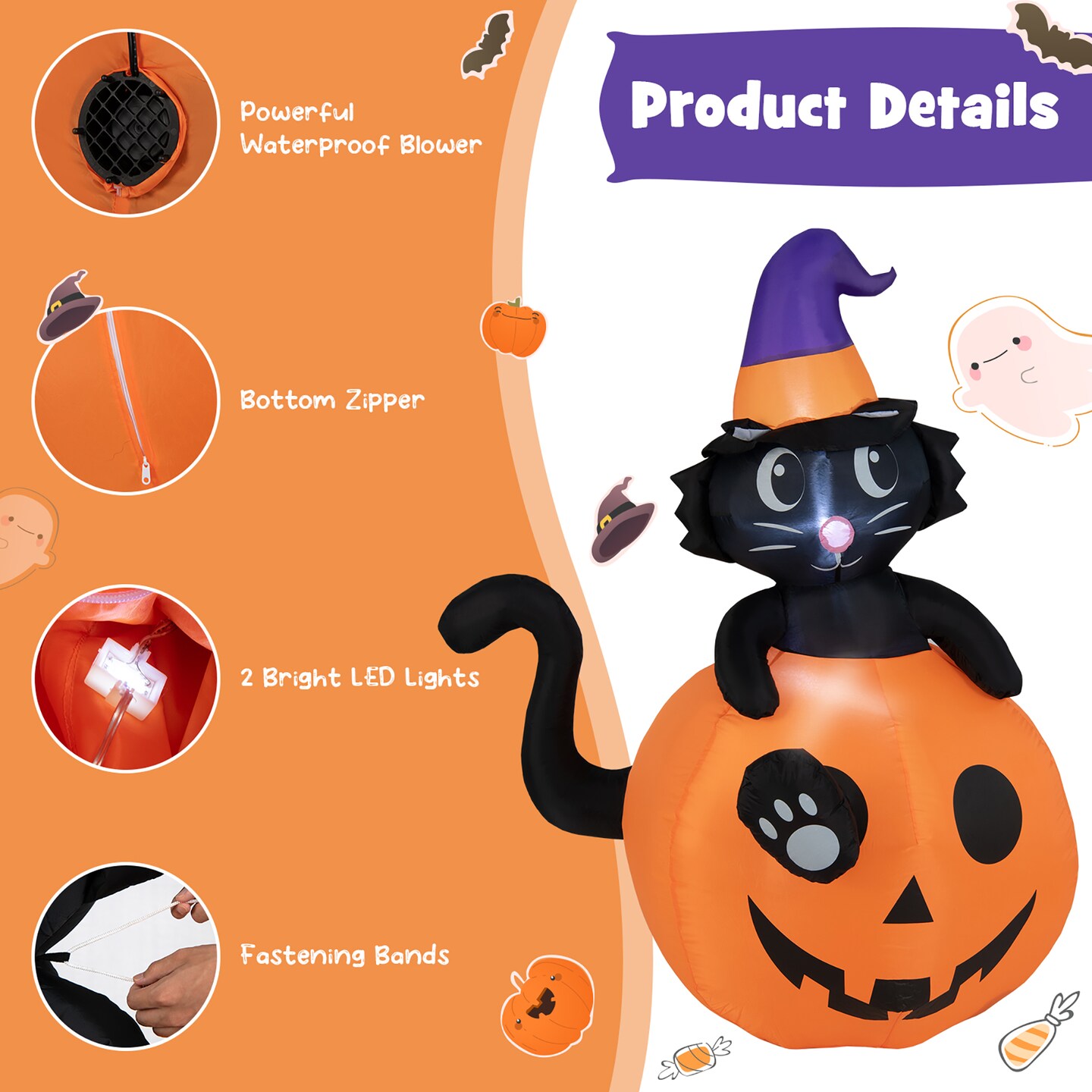 Costway 5 FT Tall Halloween Inflatable D&#xE9;cor Black Cat Sitting in Pumpkin w/ LED Lights