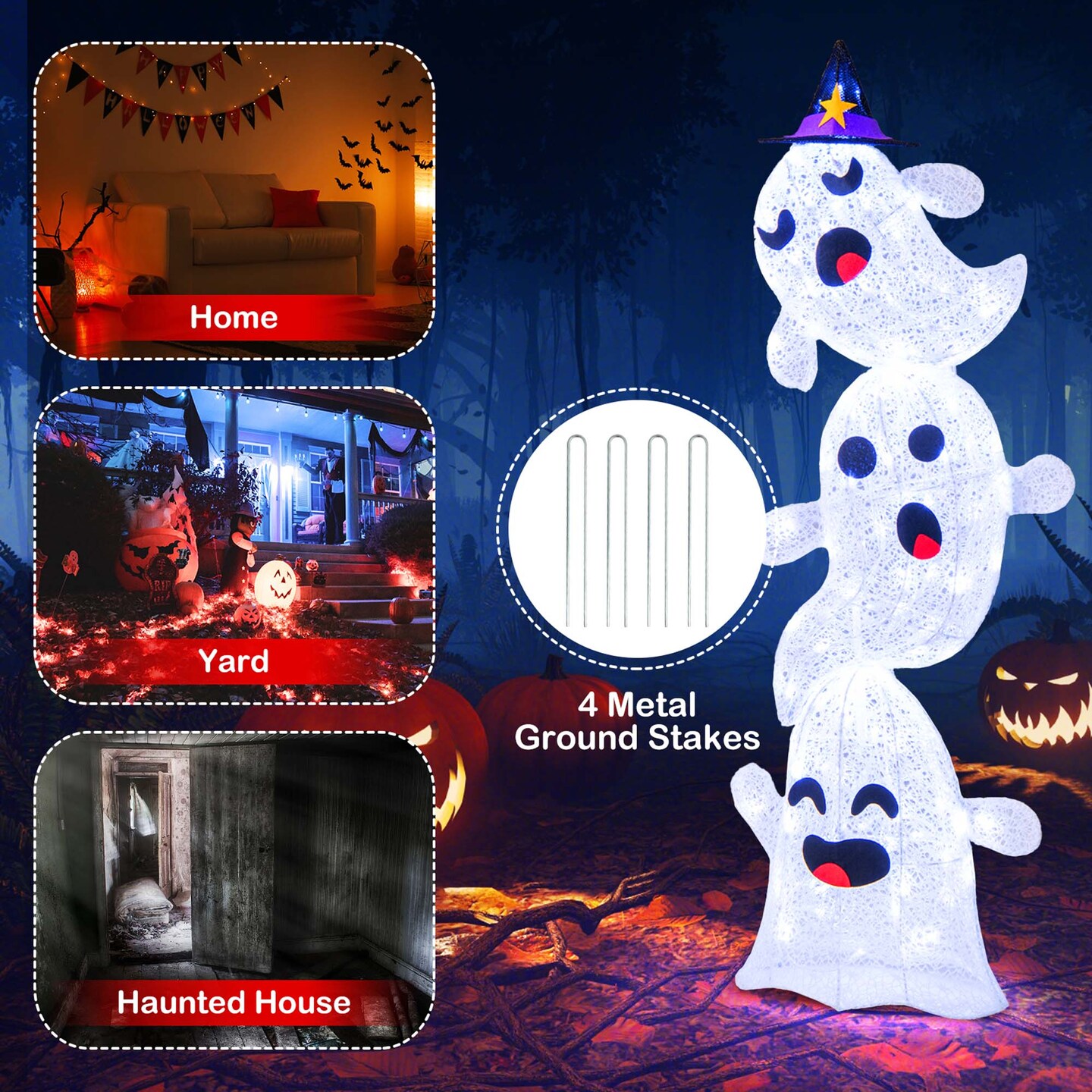 Costway 4 FT Lighted Stacked Ghosts Standing Halloween Decoration with 120 LED Lights and 4 Metal Ground Stakes