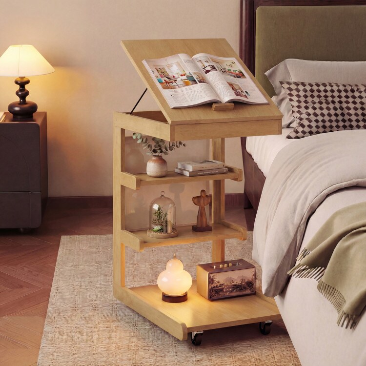 C-Shaped Rolling Table Tiltable Desktop 3 Shelves Hidden Compartment