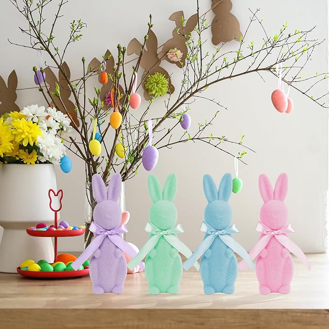 Flocked Bunny Easter Decorations Pastel Rabbit Figurines with Bow for Spring Easter Home Office Party Table Centerpiece Decoration, 4 Pcs