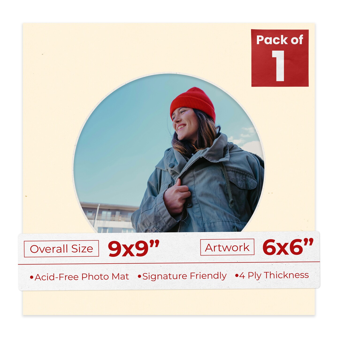 Bamboo Beige Mat Board for 9x9 Frames - Circle Opening for 6x6 Photos