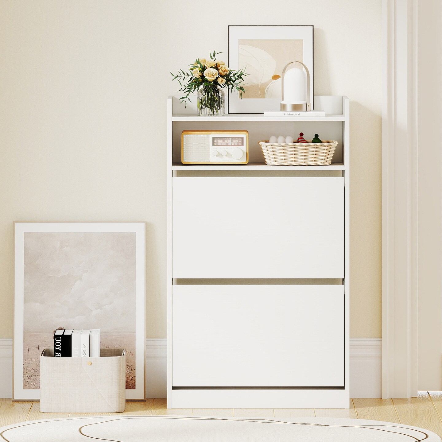 White Shoe Cabinet Engineered Wood 2-Drawer Storage Organizer Slim