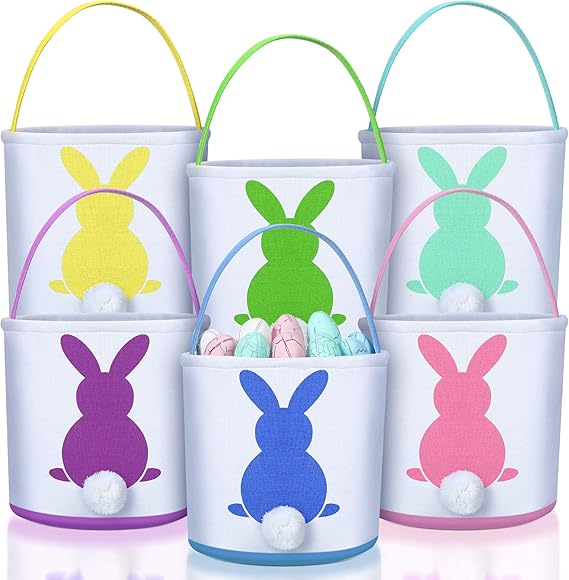 6 Pcs Easter Eggs Bunny Basket Rabbit Tote Bags Canvas Bucket with Handle for Gift Hunt Party