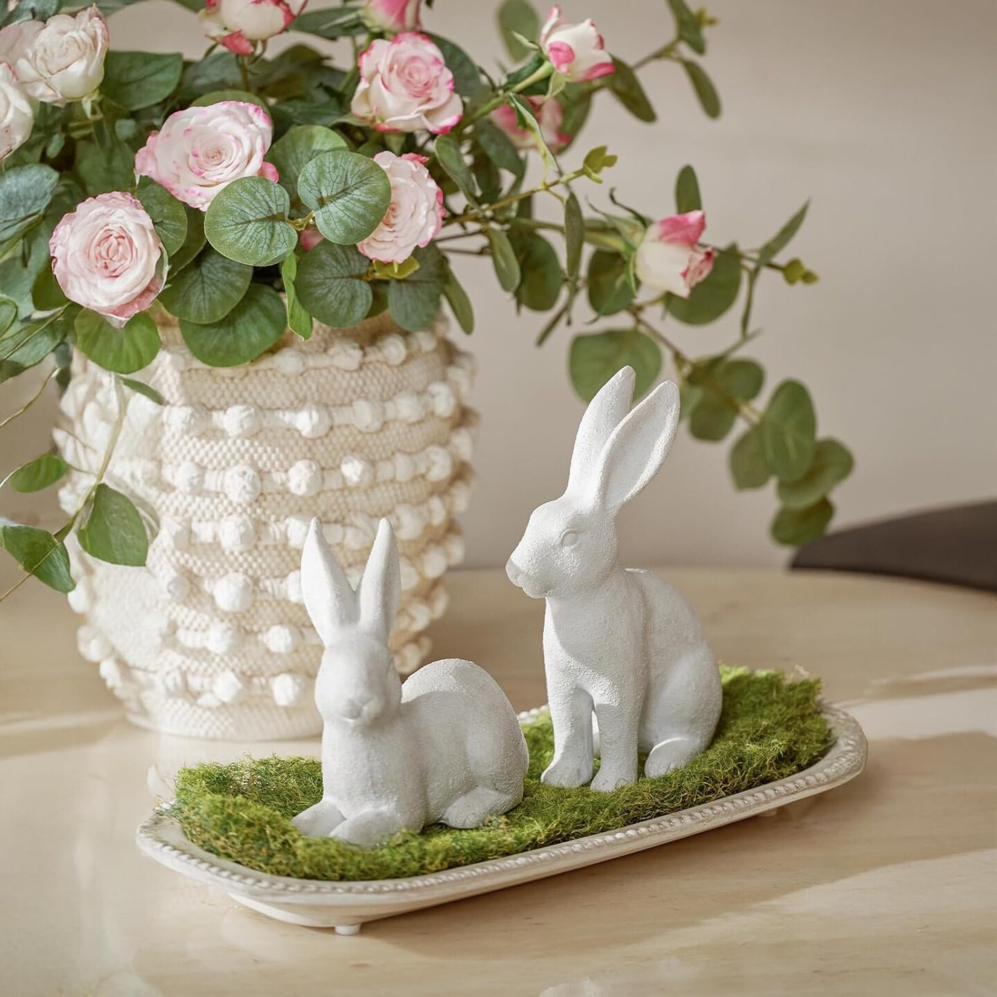 White Frosted Resin Bunny Figurines Set of 2 – Easter Bunny Tabletop Decor, Spring Home Decorations, Rabbit Statues for Living Room, Table Centerpiece, Indoor Easter Ornaments