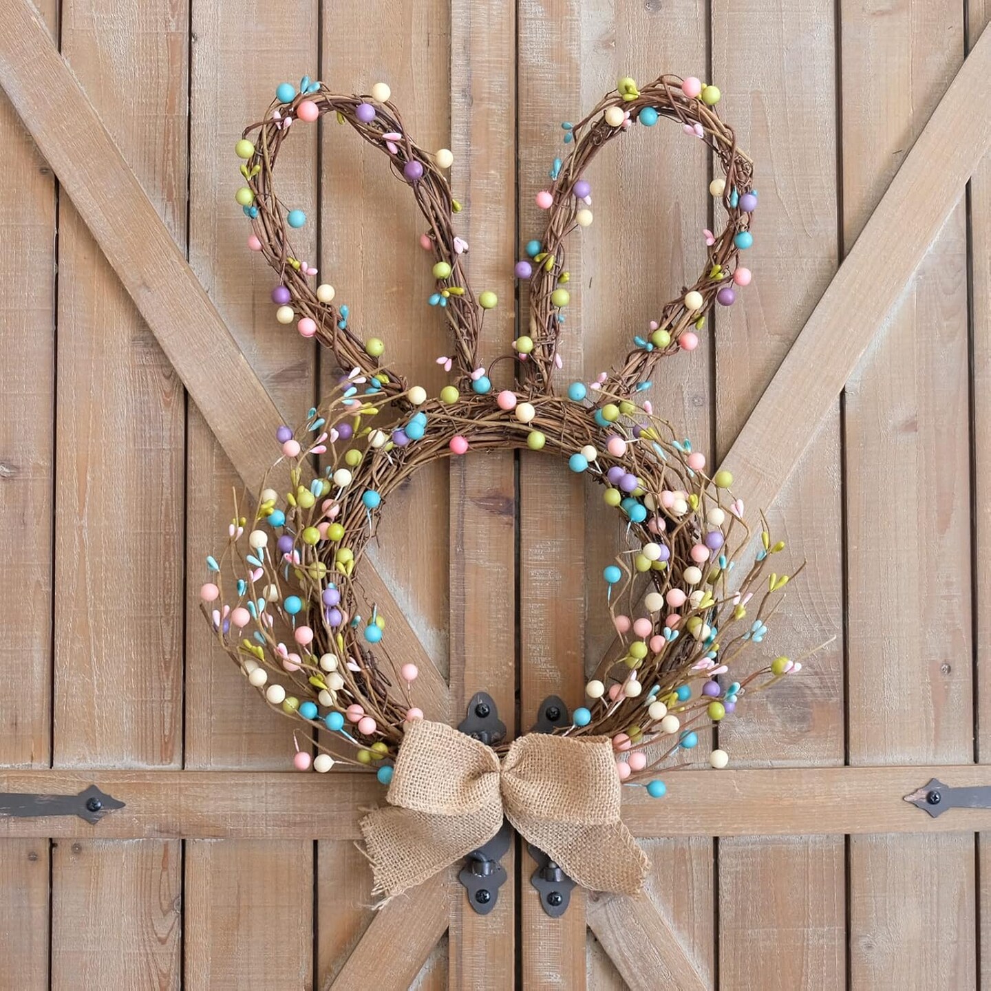 16.5-Inch Easter Bunny Wreath – Front Door & Wall Spring Decor with Twig Base, Berries, and Blossom Rabbit, Indoor & Outdoor