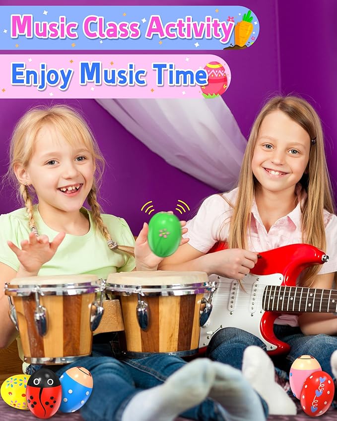 6 Pack Wooden Percussion Musical Shaker Prefilled Easter Eggs with Toys Inside Filled, Toddlers Easter Basket Stuffers Egg Fillers Montessori Toys Gifts for Kids Boys Girls Babies