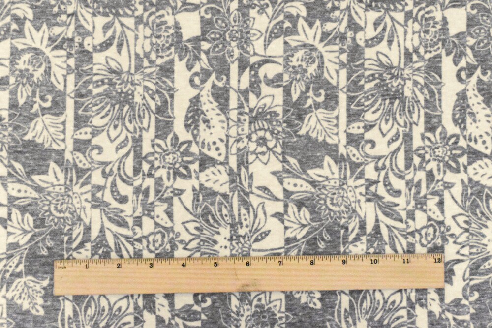 Heather Gray-Beige Floral Stripe Printed Stretch Jersey Knit Fabric By the Yard