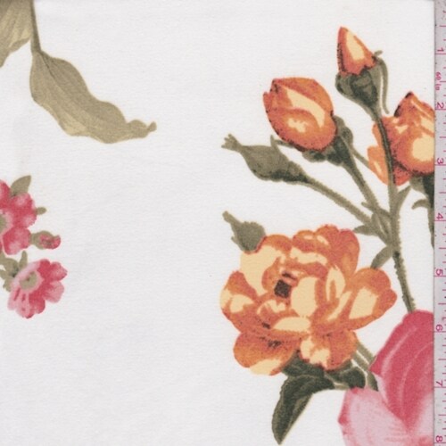 White/Brick Red/Orange Peony Super Brushed Jersey Knit Fabric By the Yard