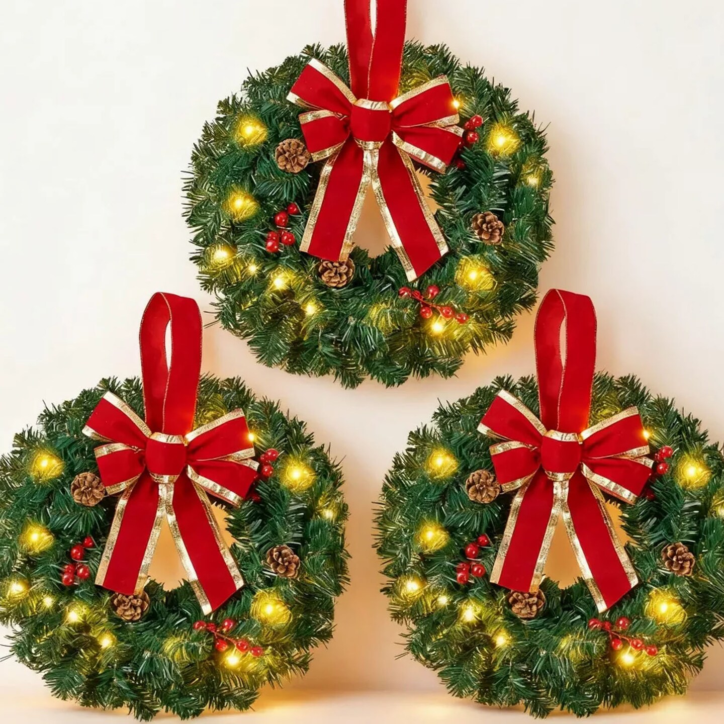 3 Pack Prelit Christmas Wreaths with Bow Battery Operated Indoor Outdoor Decorations 19"