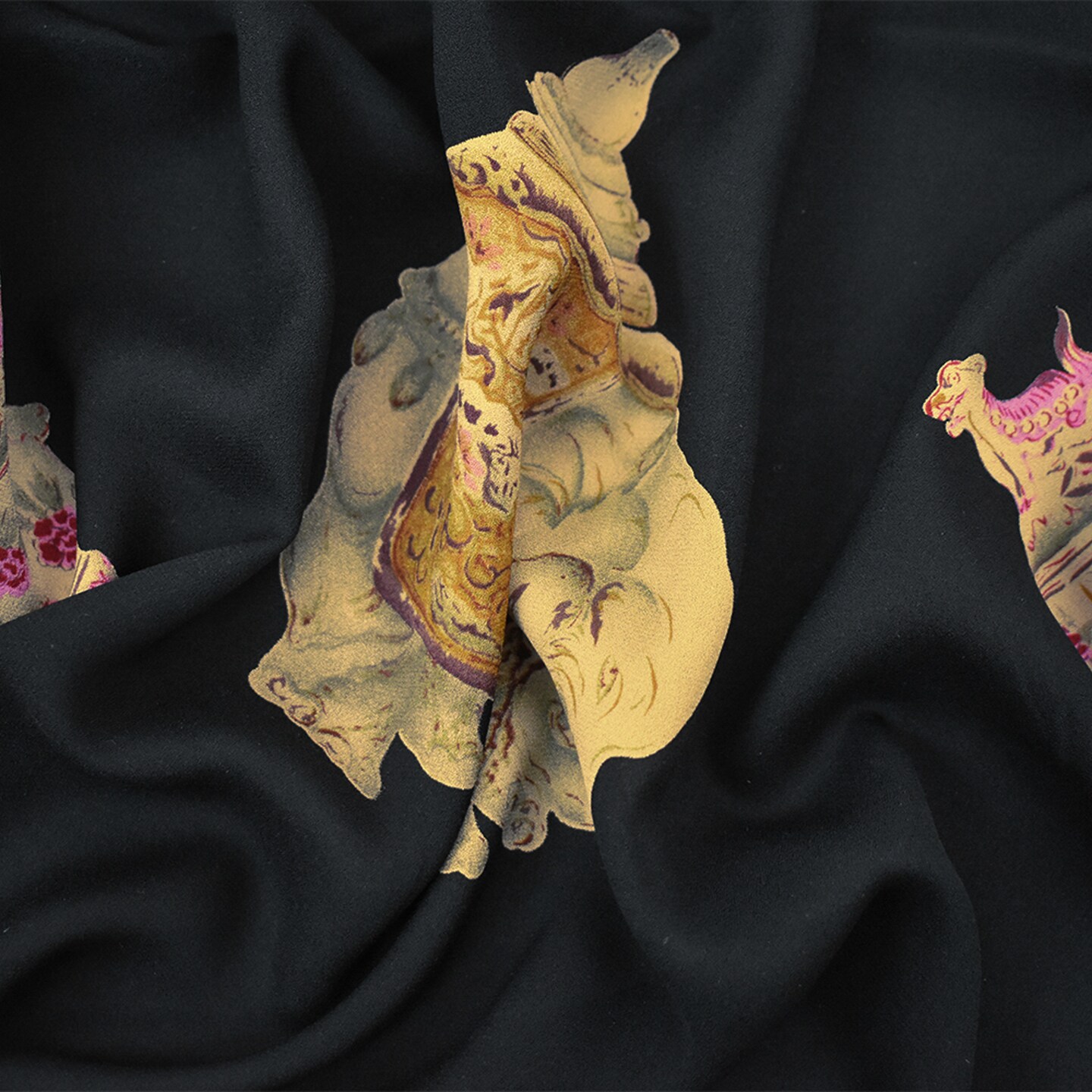 Black-Beige-Multi Silk Ceramic Printed Georgette Woven Fabric By the Yard