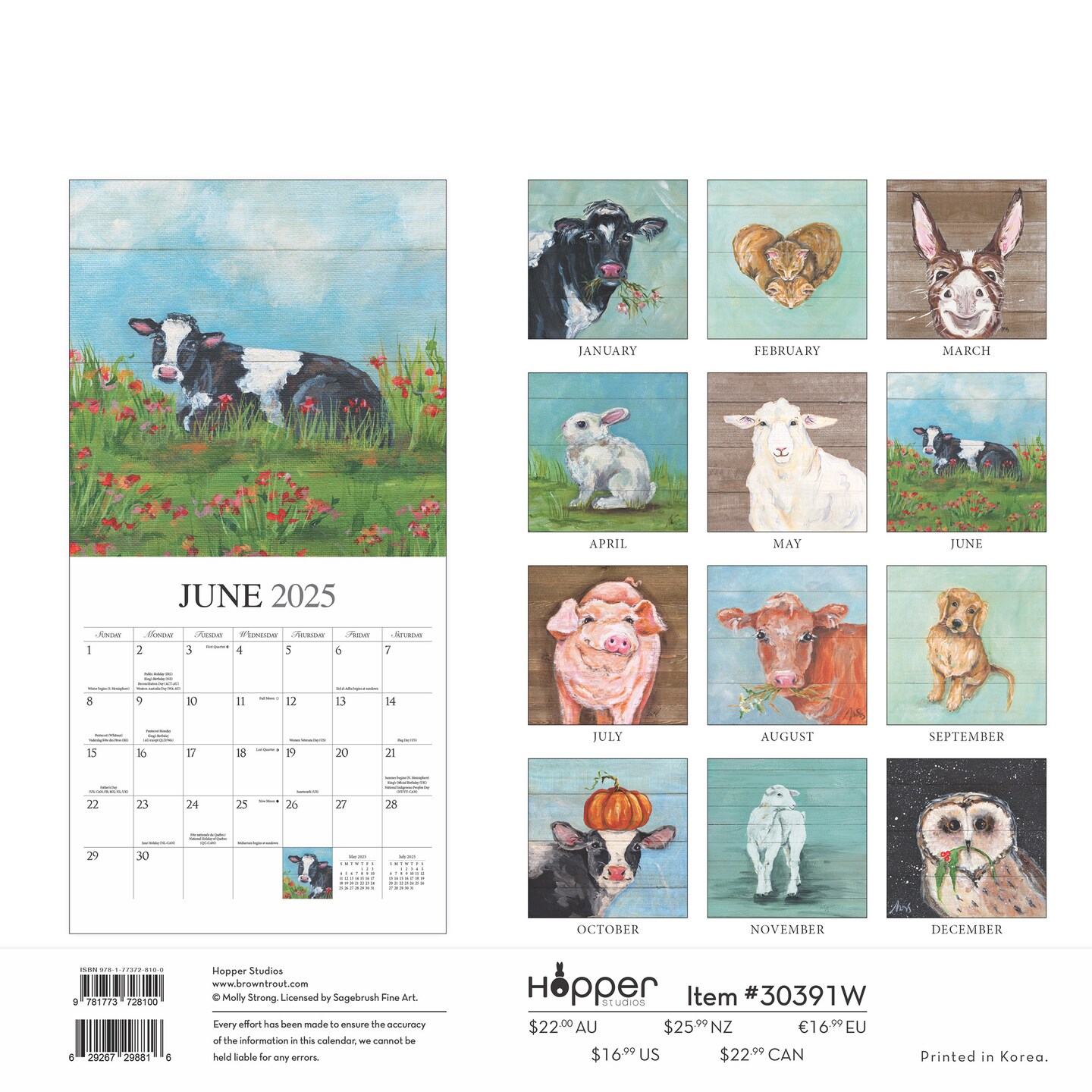 Barnyard Friends | 2025 12 x 24 Inch Monthly Square Wall Calendar | Featuring the Artwork of Molly Strong | Plastic-Free | Hopper Studios | Rural Country Art