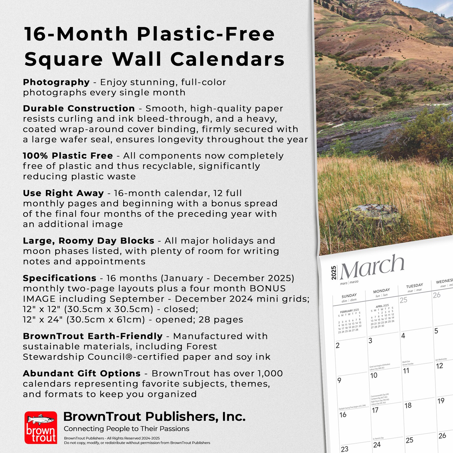 Rocky Mountain Wilderness | 2025 12 x 24 Inch Monthly Square Wall Calendar | Plastic-Free | BrownTrout | USA United States of America Scenic Nature
