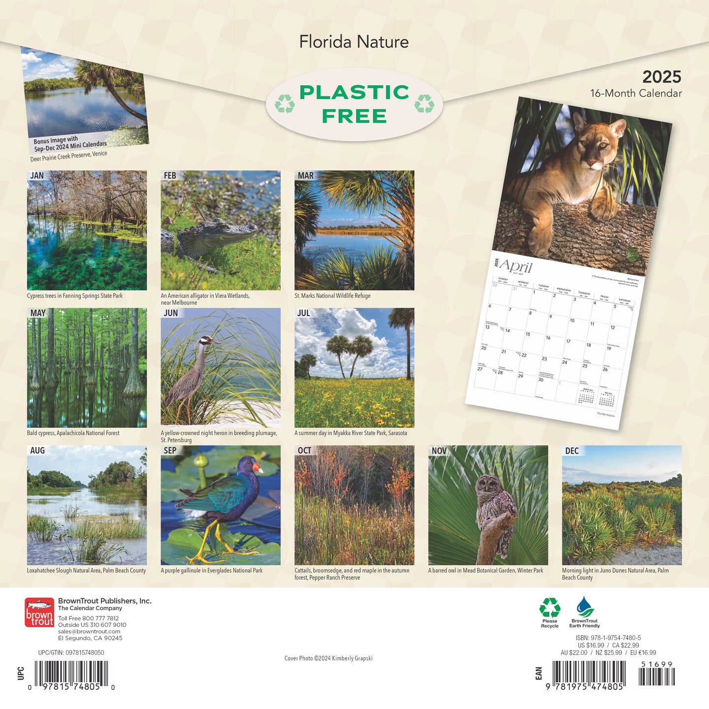 Florida Nature | 2025 12 x 24 Inch Monthly Square Wall Calendar | Plastic-Free | BrownTrout | USA United States of America Southeast State