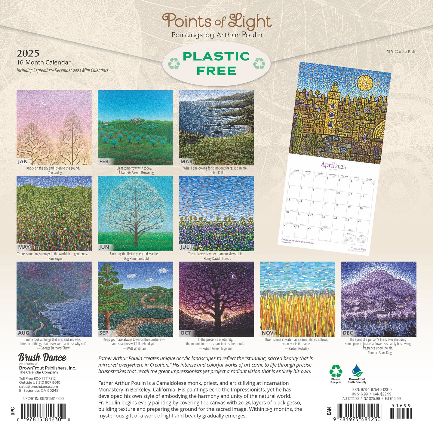 Points of Light | 2025 12 x 24 Inch Monthly Square Wall Calendar | Featuring the Artwork of Arthur Poulin | Plastic-Free | Brush Dance | Paintings Impressionism