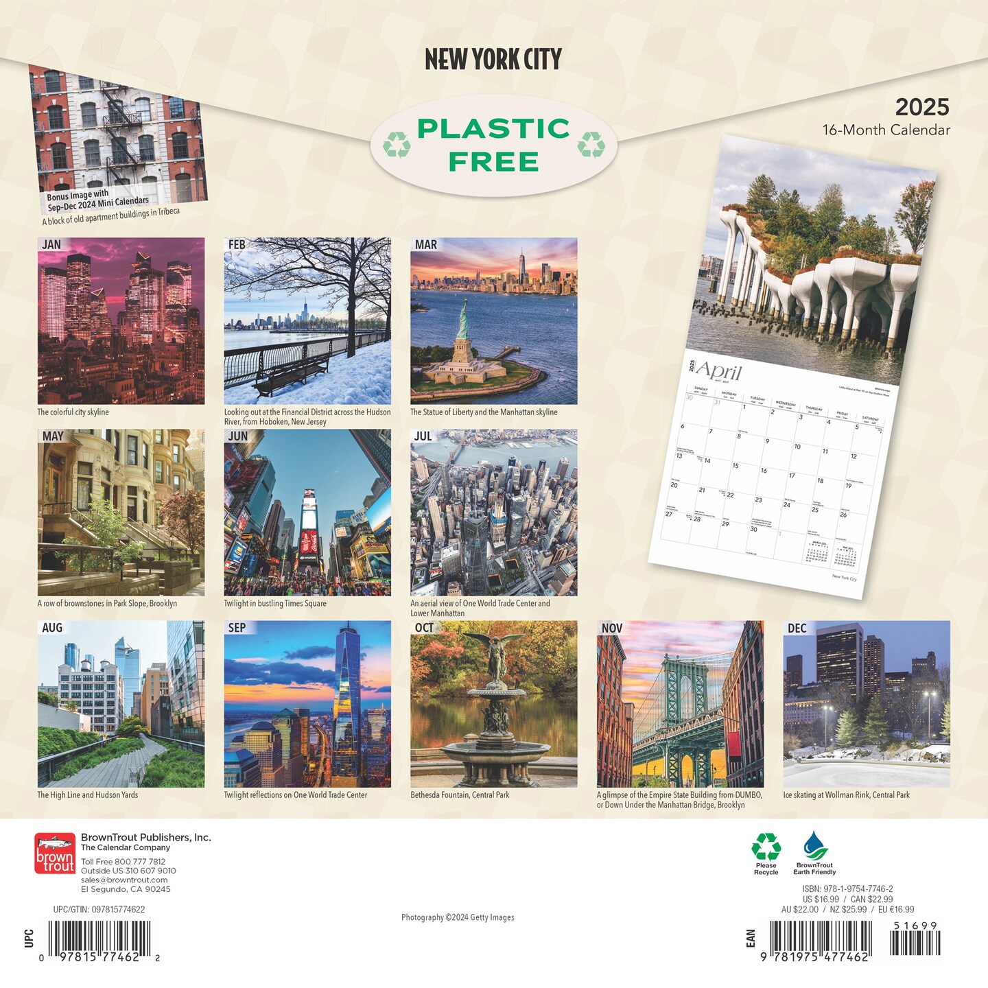 New York City | 2025 12 x 24 Inch Monthly Square Wall Calendar | Foil Stamped Cover | Plastic-Free | BrownTrout | USA United States of America NYC State Northeast