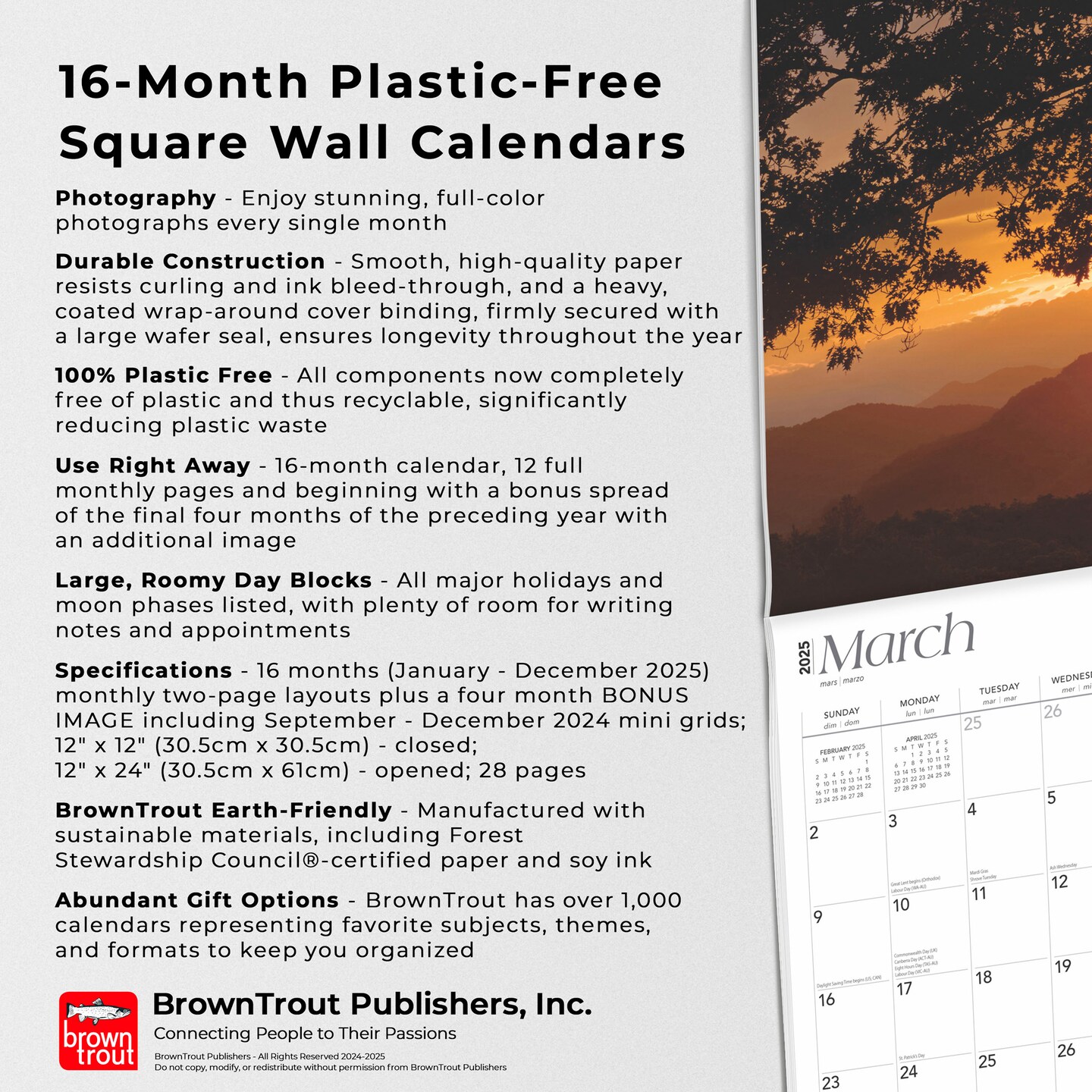 North Carolina Wild &#x26; Scenic | 2025 12 x 24 Inch Monthly Square Wall Calendar | Plastic-Free | BrownTrout | USA United States of America Southeast State Nature