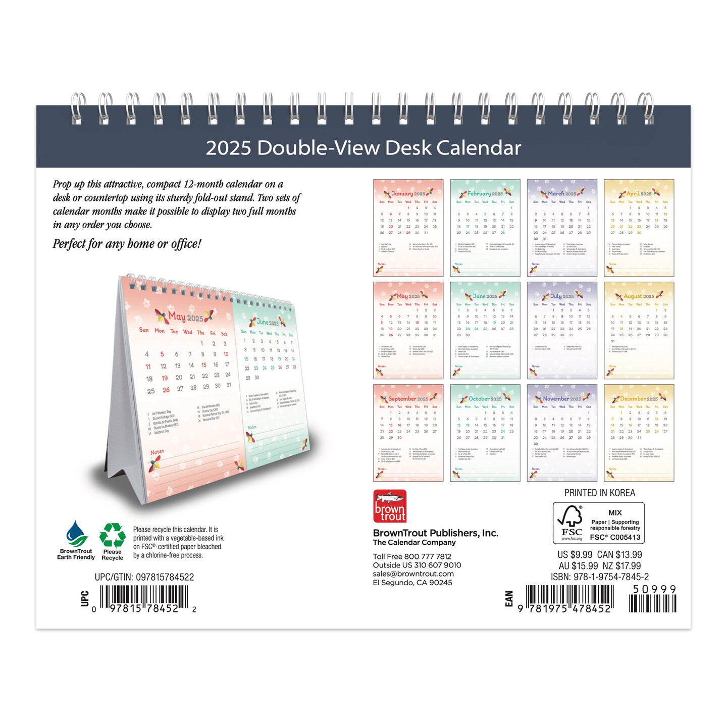 Busy Bees | 2025 7.5 x 6 Inch Monthly Double-View Easel Desk Calendar | BrownTrout | Planning Stationery