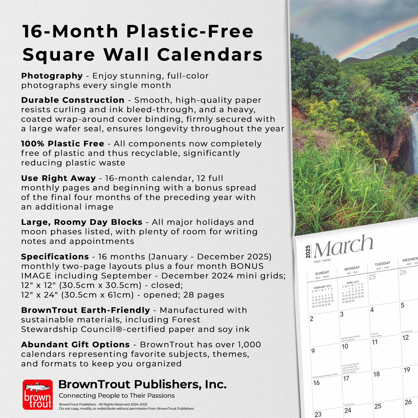 Hawaii Wild &#x26; Scenic | 2025 12 x 24 Inch Monthly Square Wall Calendar | Foil Stamped Cover | Plastic-Free | BrownTrout | USA United States of America Noncontiguous State Nature