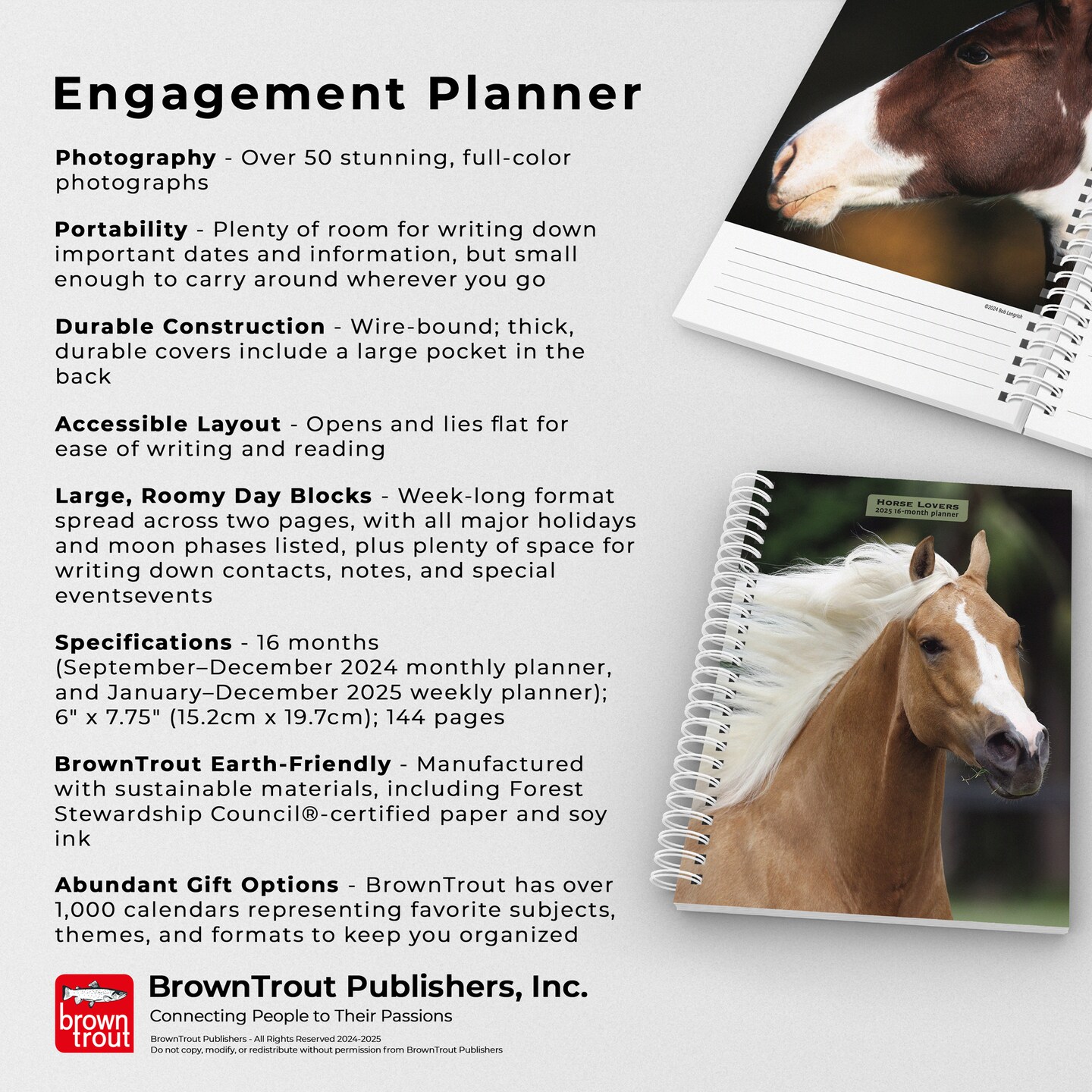 Horse Lovers | 2025 6 x 7.75 Inch Spiral-Bound Wire-O Weekly Engagement Planner Calendar | New Full-Color Image Every Week | BrownTrout | Animals Equestrian