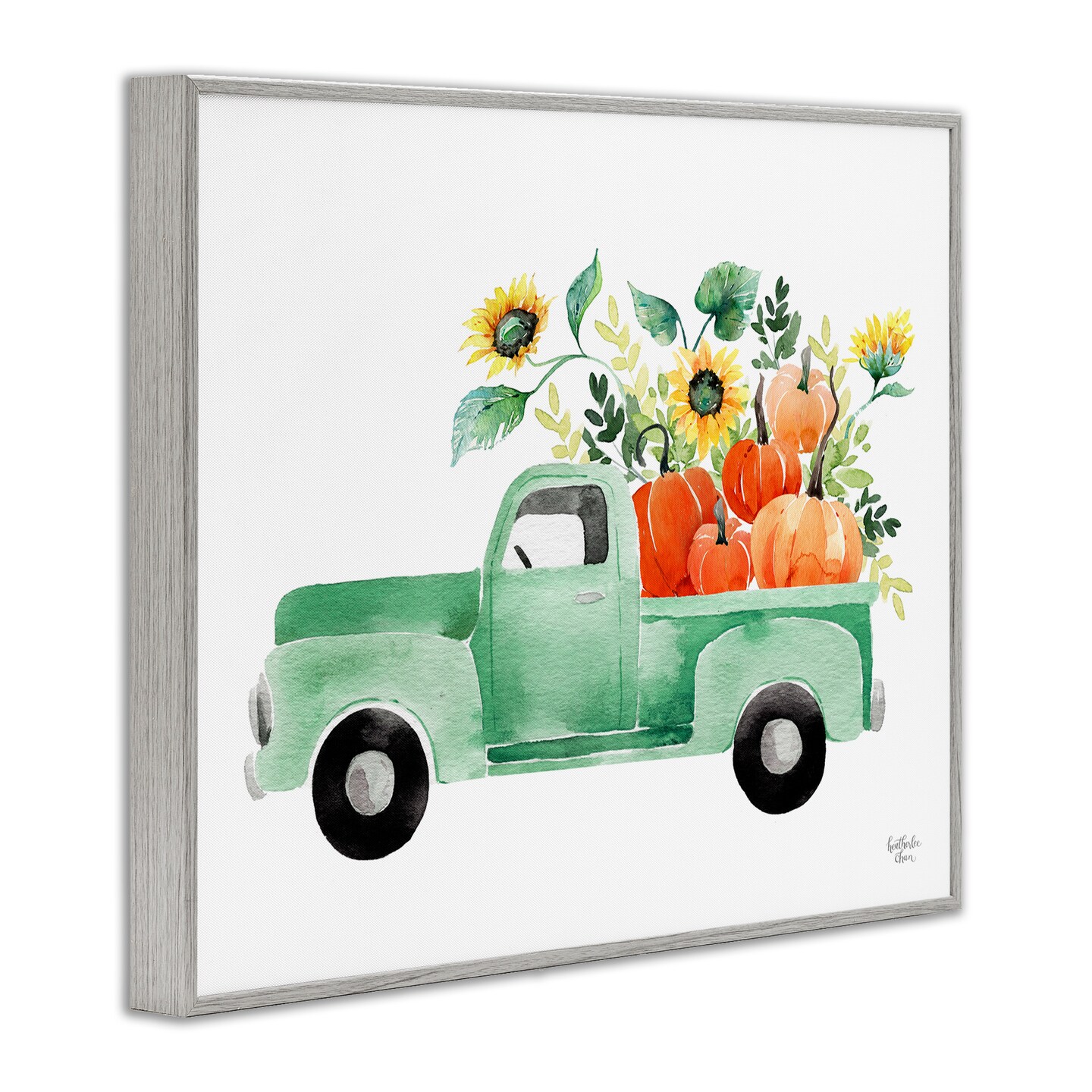 Autumnal Plants Pumpkins Seasonal Green Pickup Truck  Framed Giclee Art