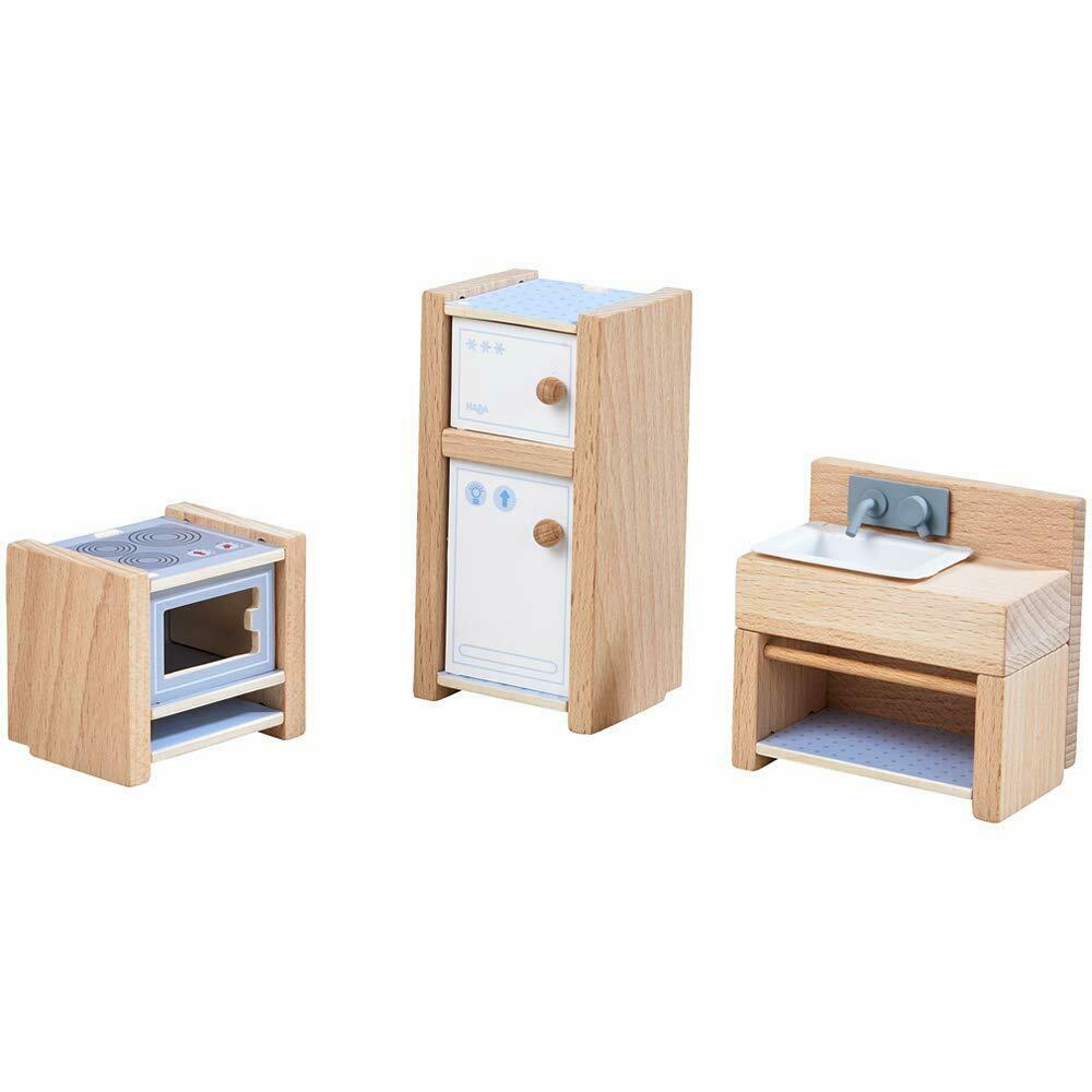 HABA Little Friends Kitchen Room Set - Wooden Dollhouse Furniture for 4&#x22; Bendy Dolls