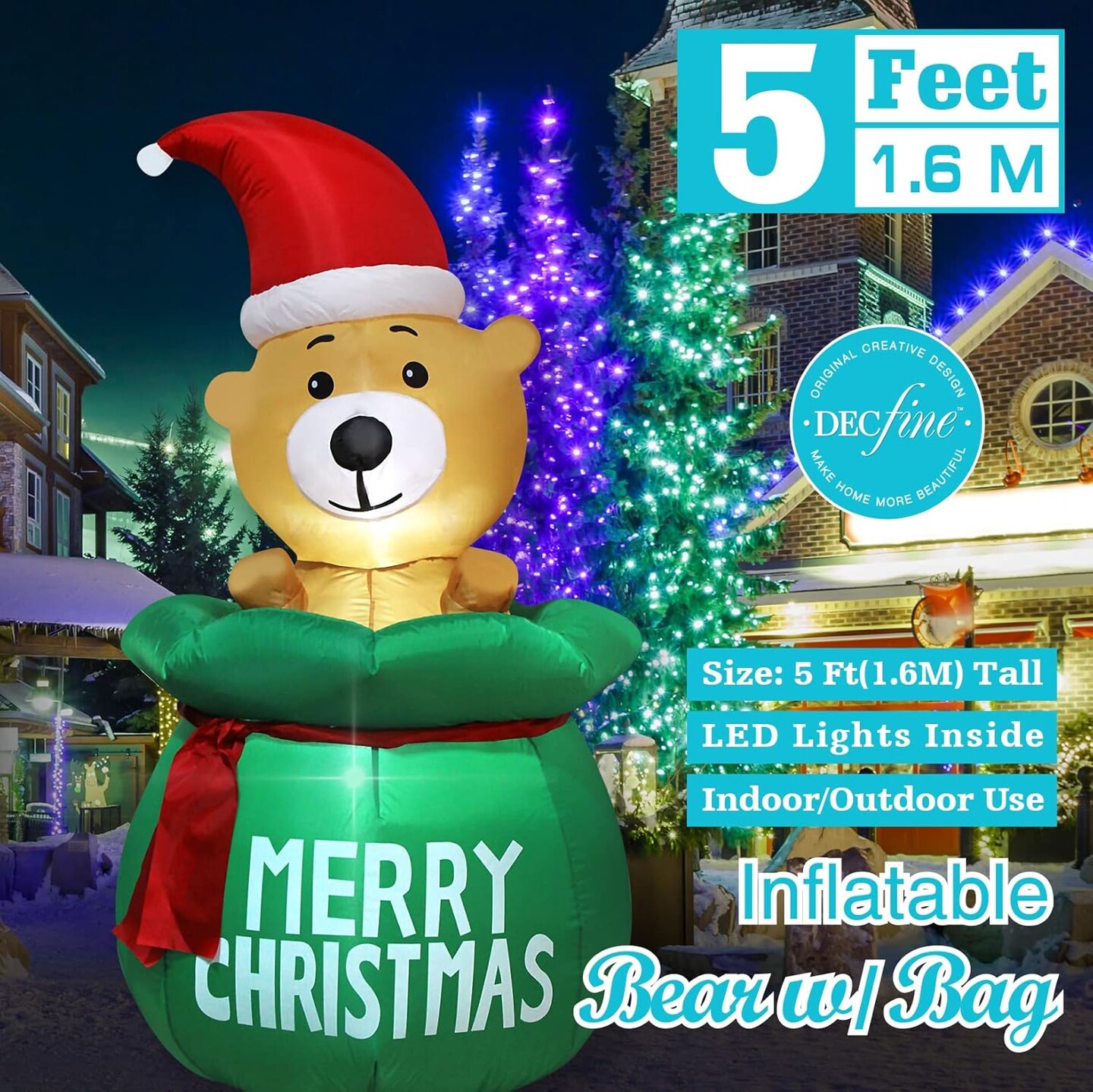 5 Feet Christmas Inflatable Bear with Santa&#x27;s Bag Lighted Blow Up Christmas Yard Decoration with Built in Fan and Anchor Ropes (Bear with Gift Bag)