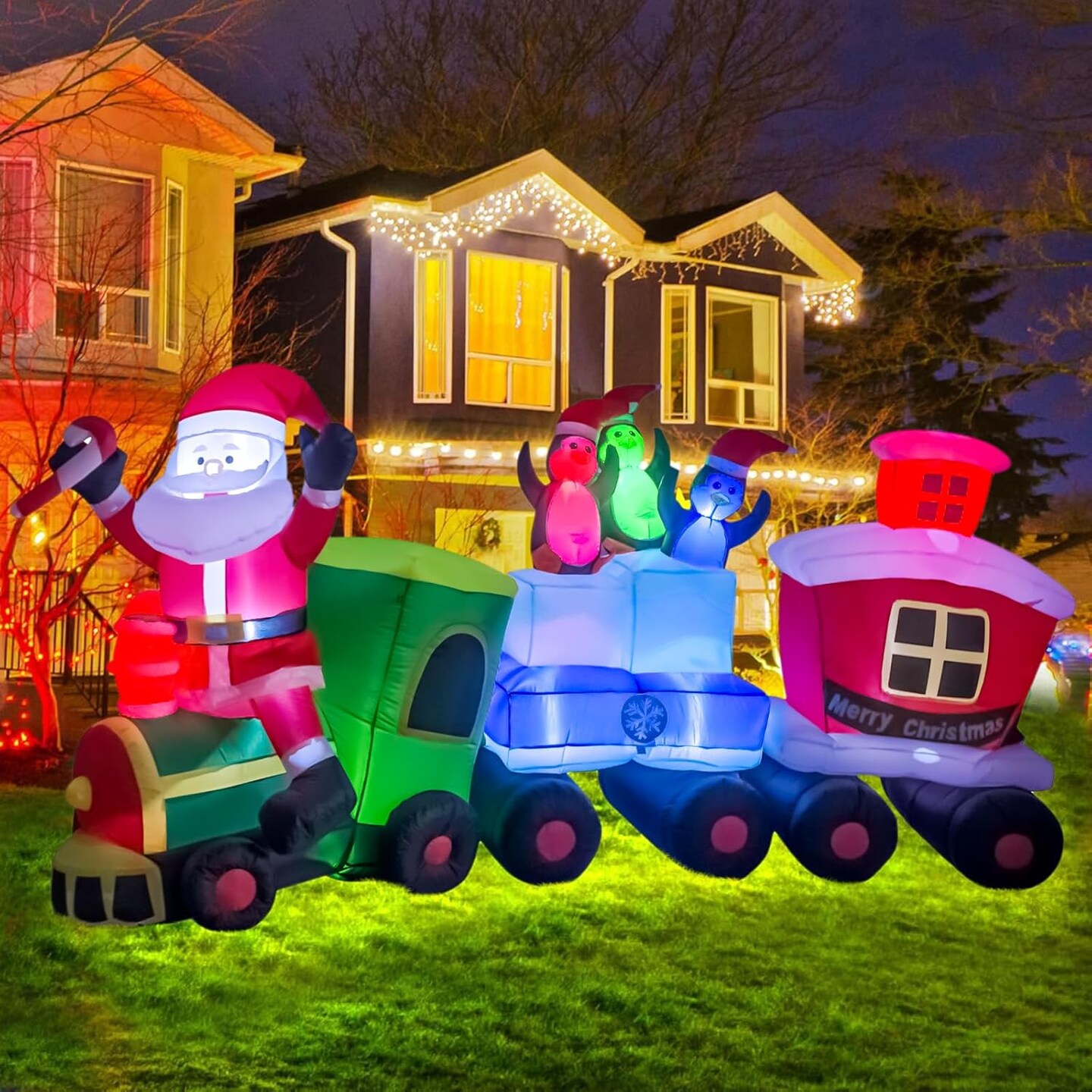 Christmas Inflatable Santa Train Decoration for Outdoor, 8ft Long Santa Claus Penguin Train Blow up Decoration with Flashing Lights Christmas Indoor Outdoor Yard Holiday Display Party Decor