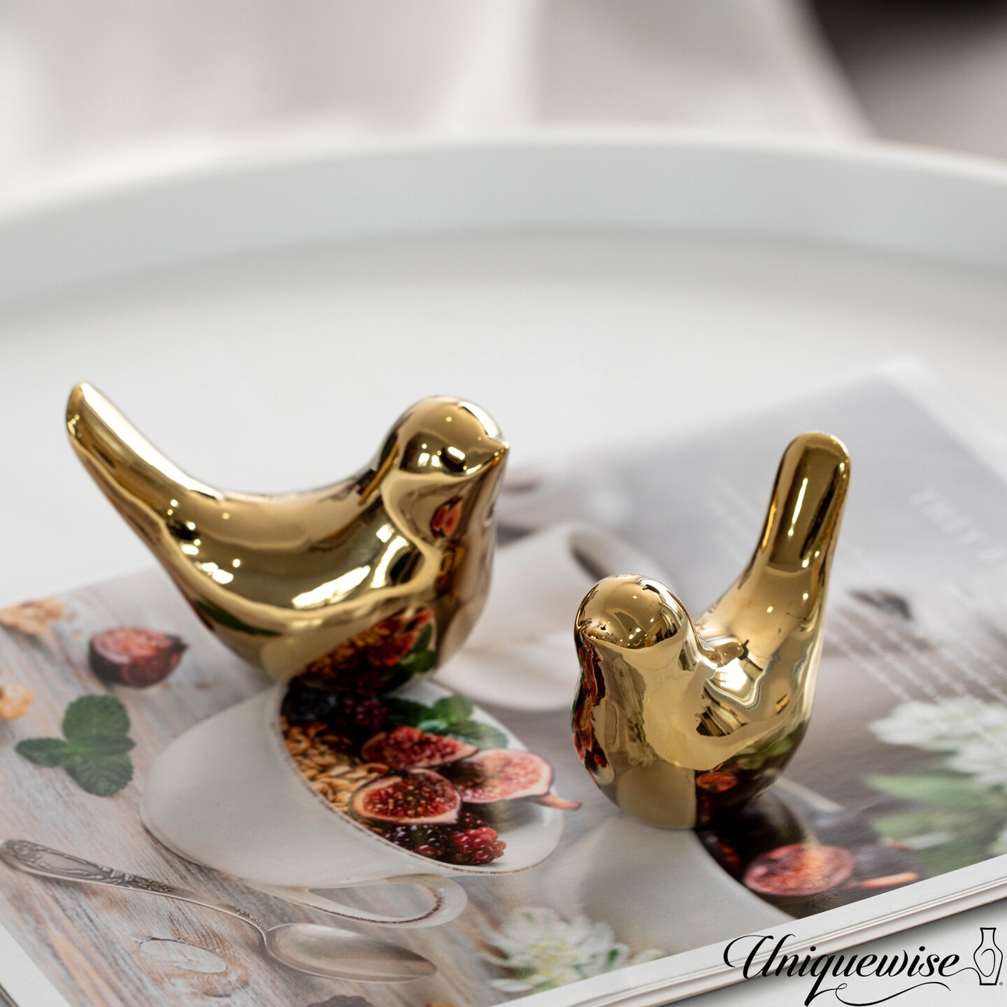 Uniquewise Set of 3 Gold Bird Figurines Elegant Home D&#xE9;cor
