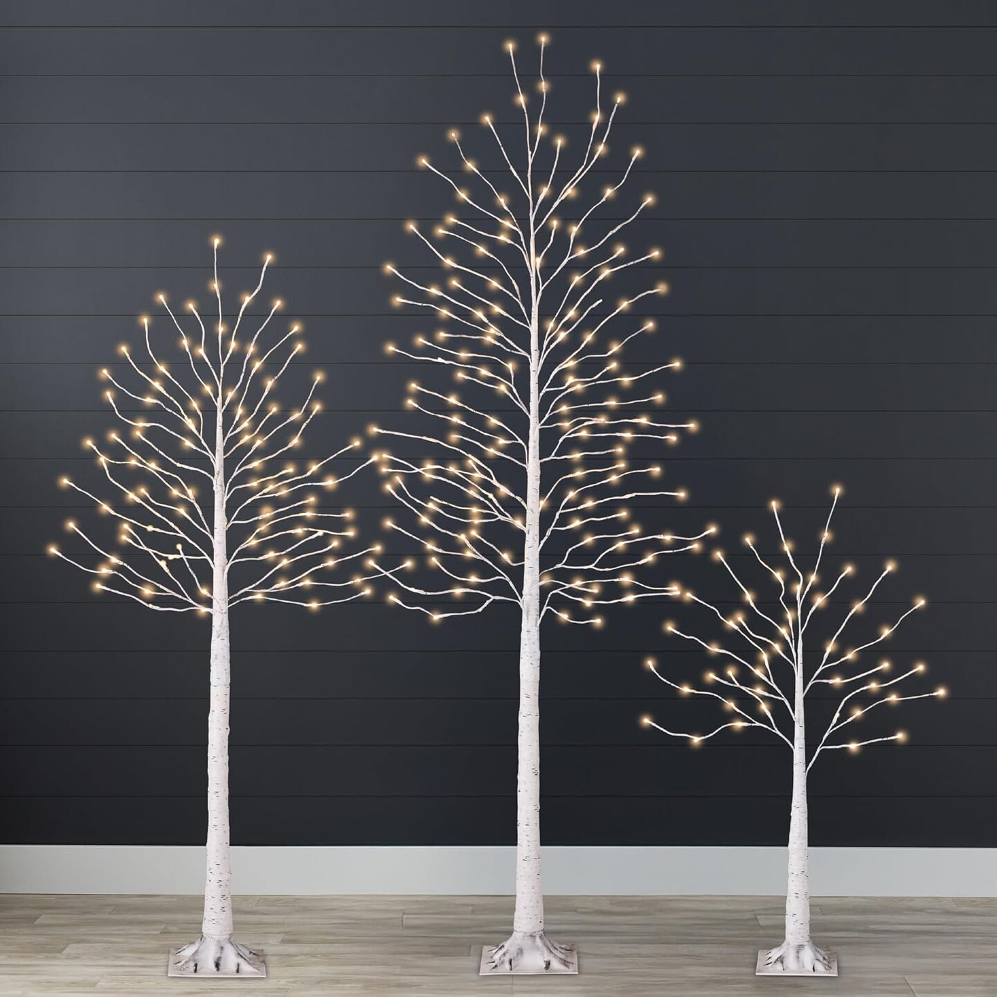 4ft, 6ft & 8ft Lighted Birch Tree Set, 3 Pack LED Trees with Remote, Color Options & Outdoor