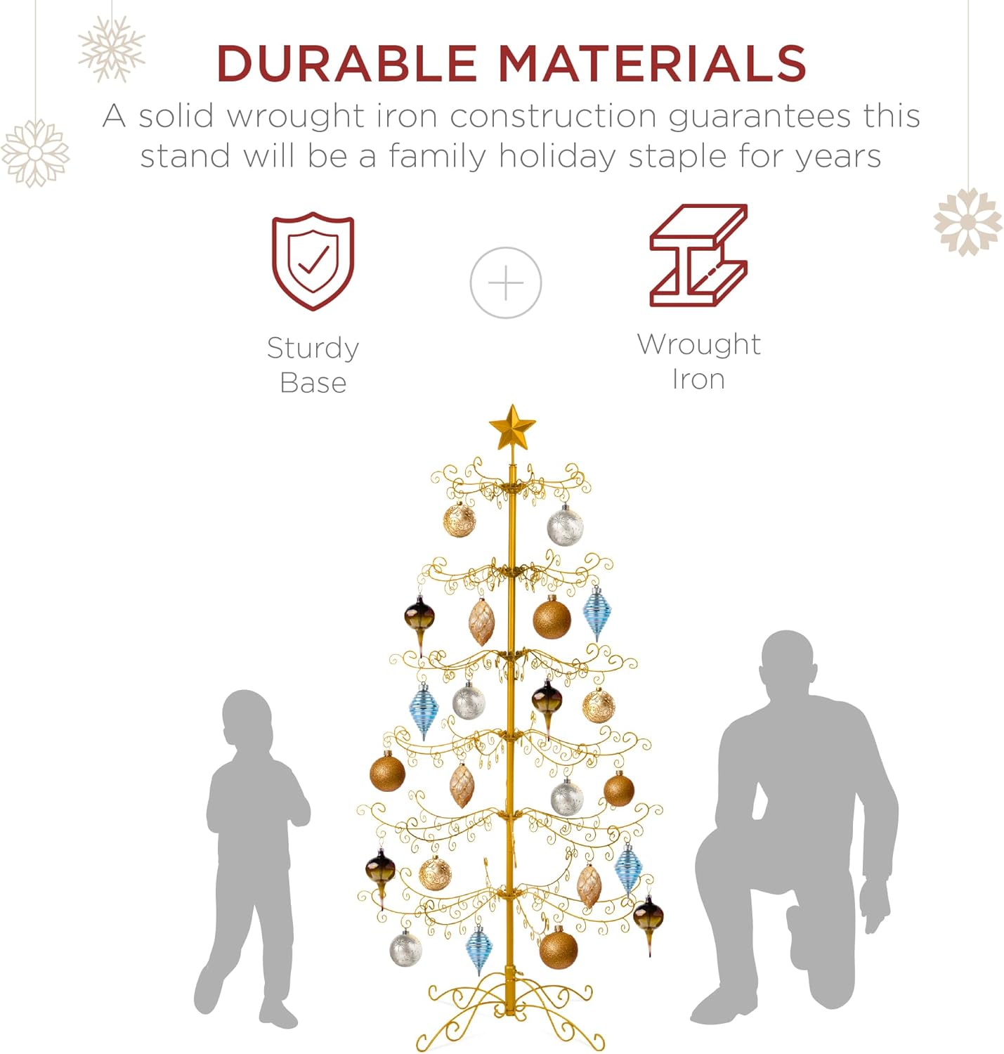 Gold Wrought Iron Ornament Display Christmas Tree Foldable Stand, & Metal Frame for Indoor Holiday Decor