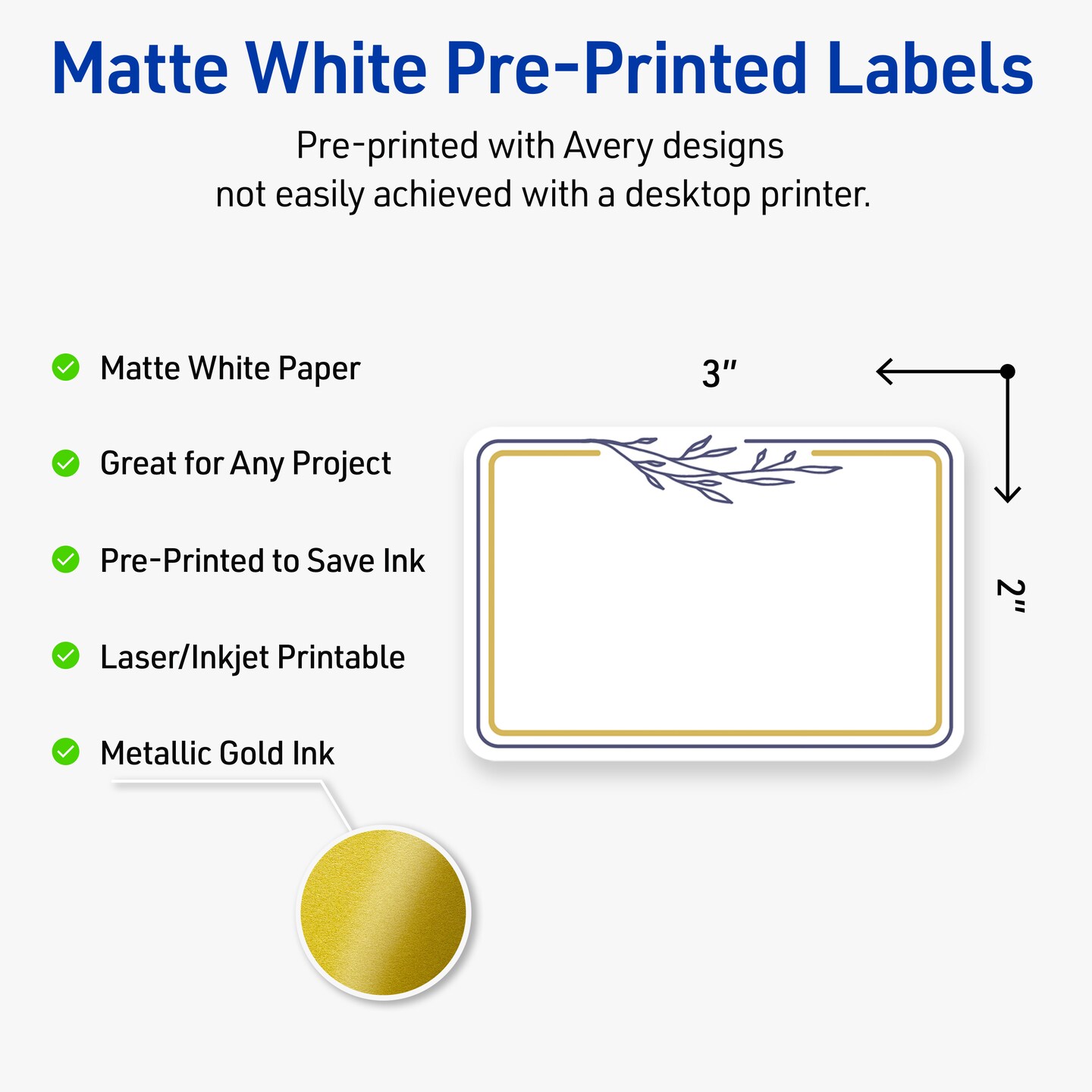 Avery Printable Rectangle Labels, Gold & Navy Border with Florals, 2" x 3", Matte White Rectangle Labels, Permanent, Laser/Inkjet, 80ct, Great for Product Labels