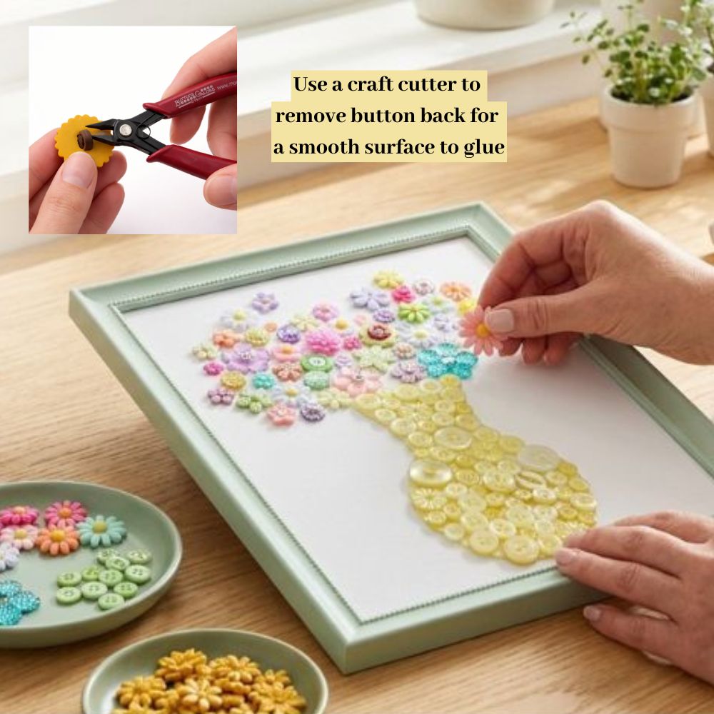 Flower Button Art Bundle | 75+ Assorted Flower Buttons + Yellow Fillers | Craft & DIY Decor Kit (8” x 10” Frame Size)