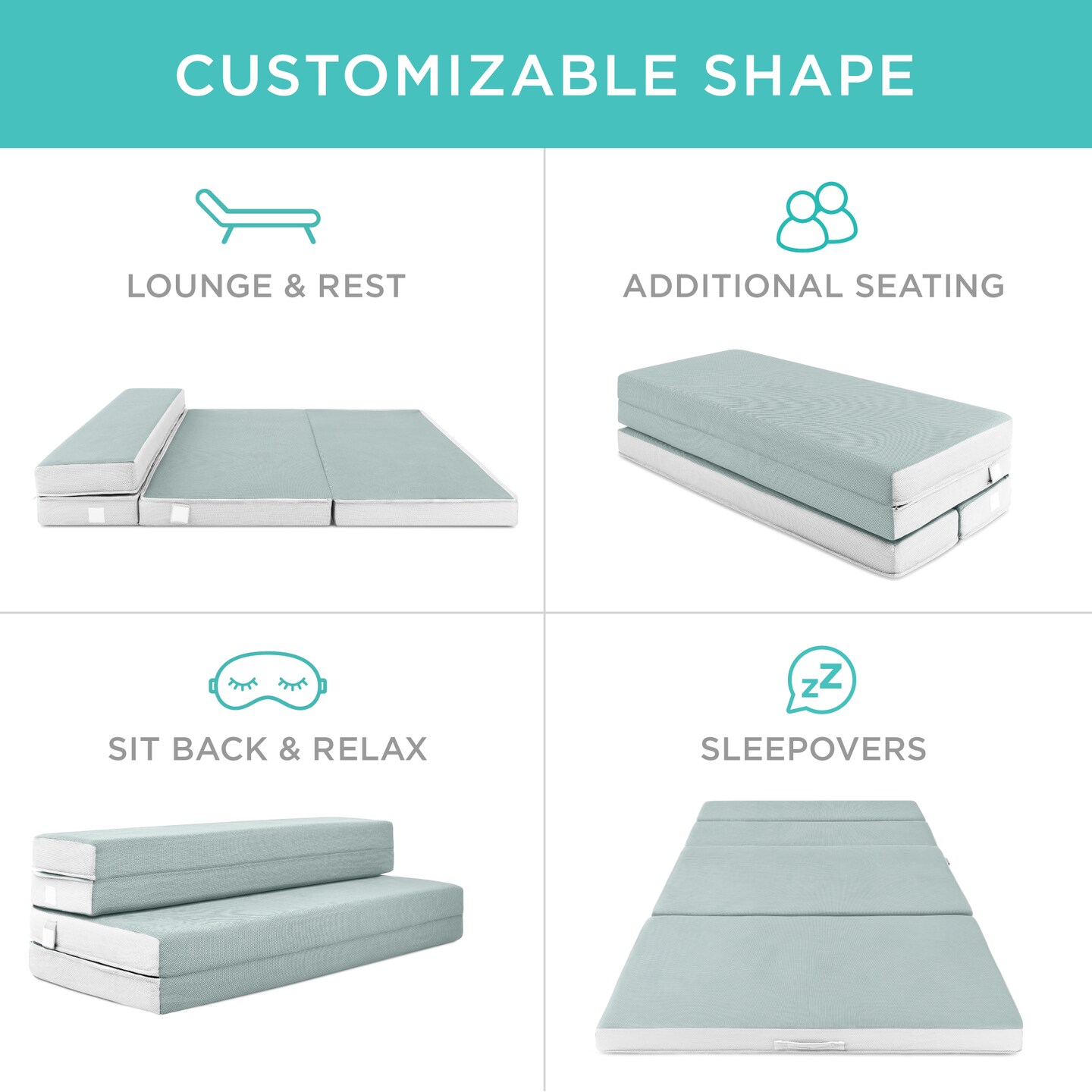 Best Choice Products 4in Thick Folding Portable Seafoam Mattress Topper w/ Carry Case, Washable Cover