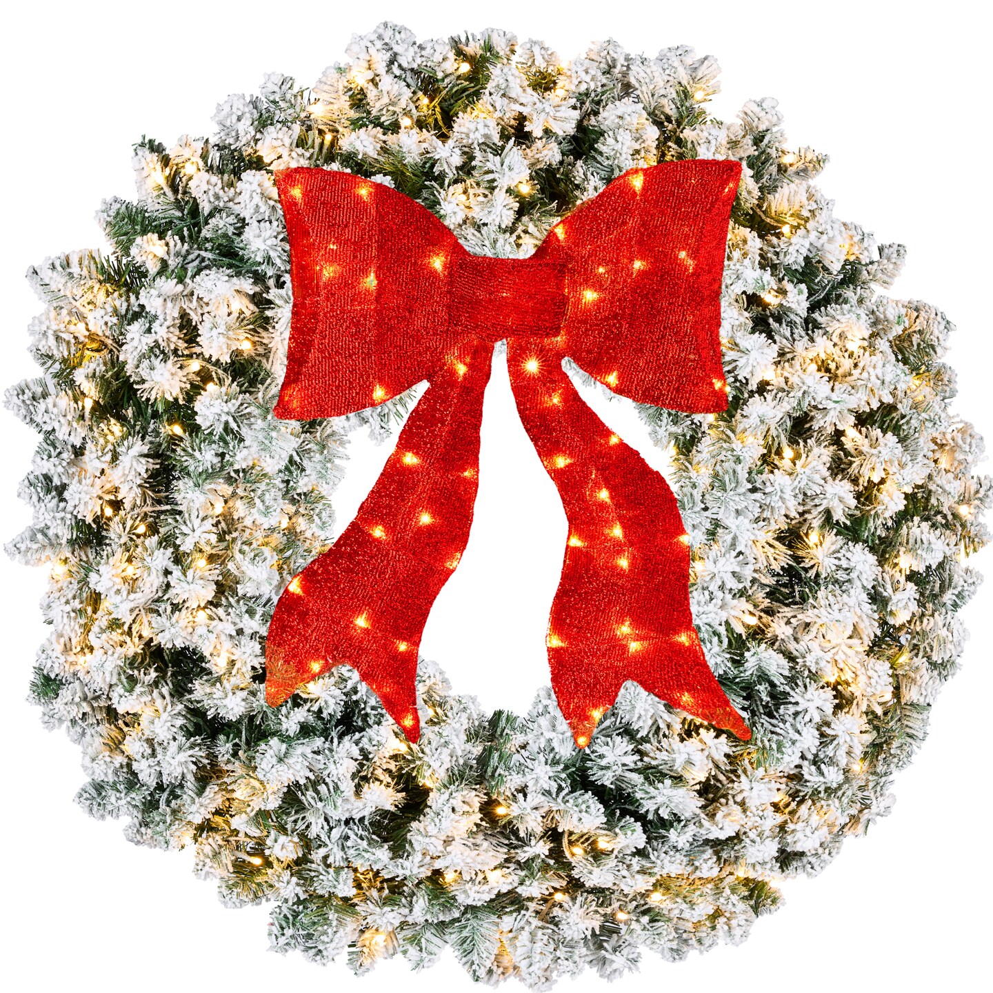 Best Choice Products Artificial Pre-Lit Flocked Fir Christmas Wreath Décor w/ Red Bow, LED Lights, Tips, Plug-In