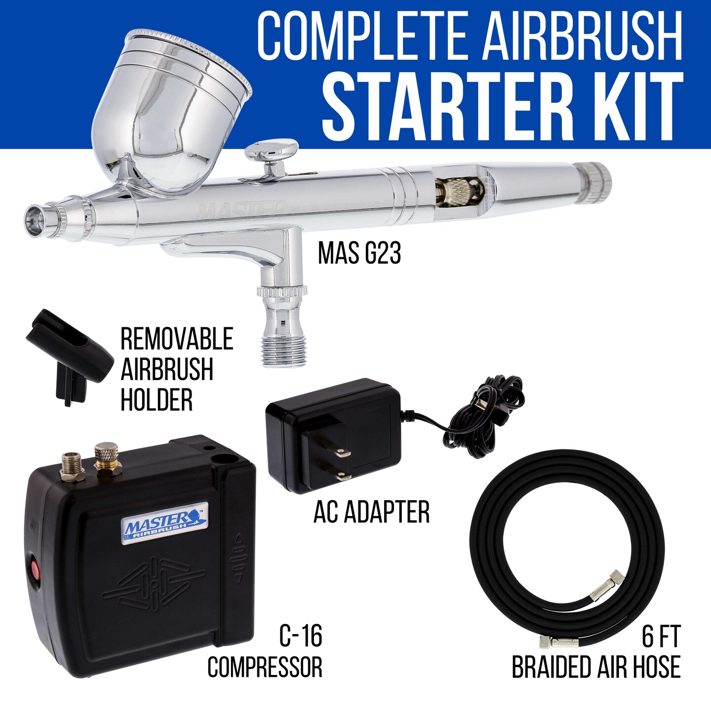 Master Performance G23 Airbrush Kit with Master Black Mini Portable Compressor C16-B &#x26; Air Hose