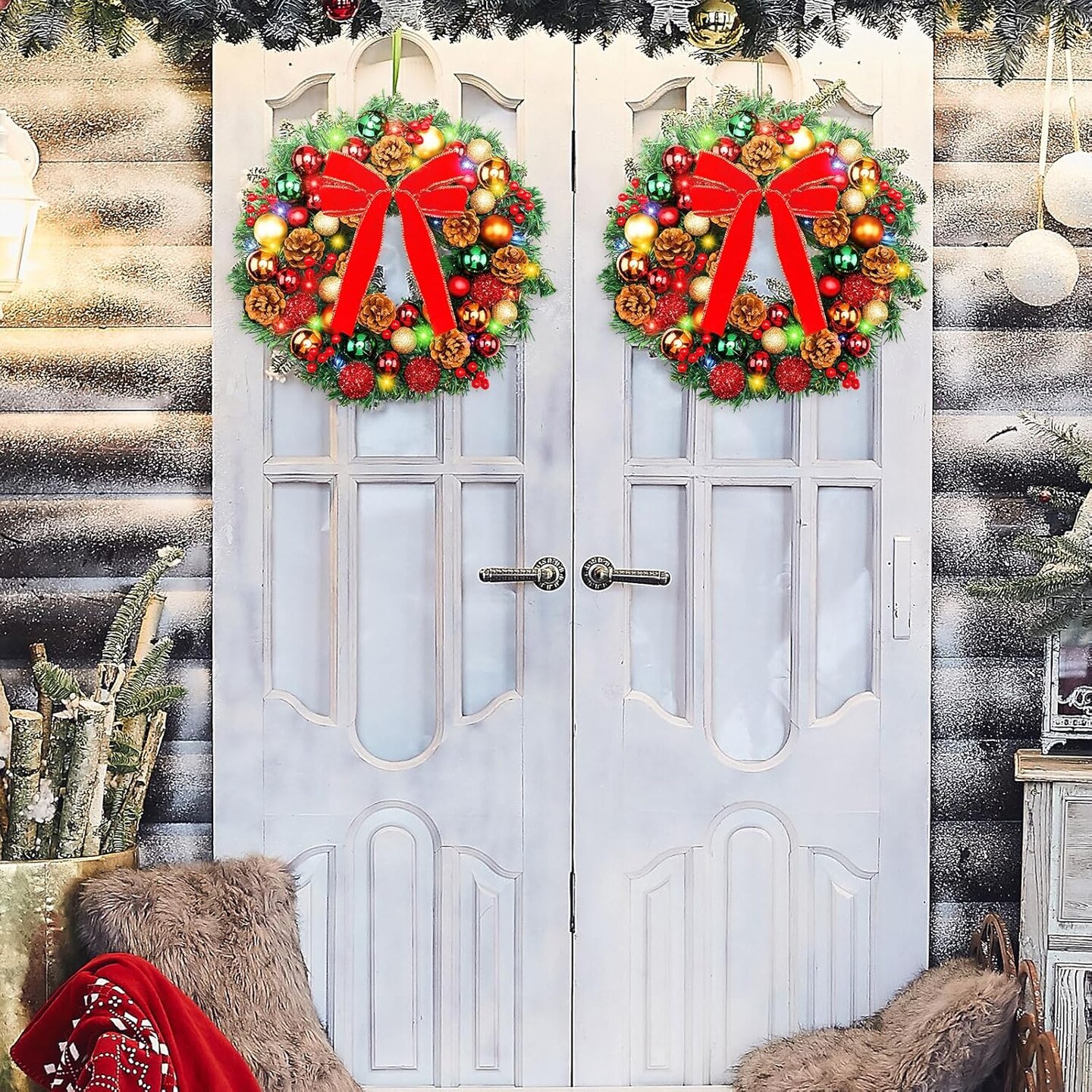 2 Pcs Pre-lit Christmas Wreath with Light for Front Door (Red) 11.81"D x 2.75"W x 11.81"H